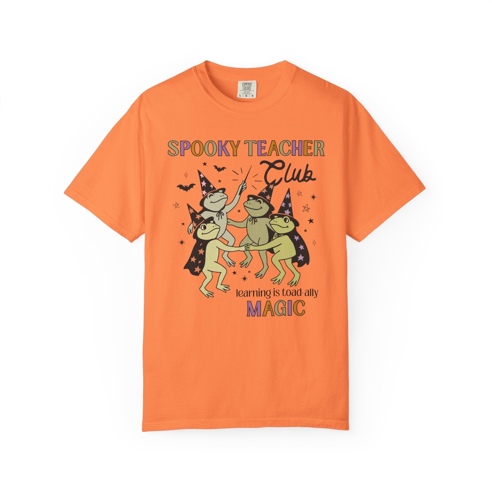 Halloween Teacher Tee Shirt with Cute Witchy Frogs: Learning is Magic! Funny Saying Spooky Season T-Shirt with Stars, Magical Animal Lover - Opal and June
