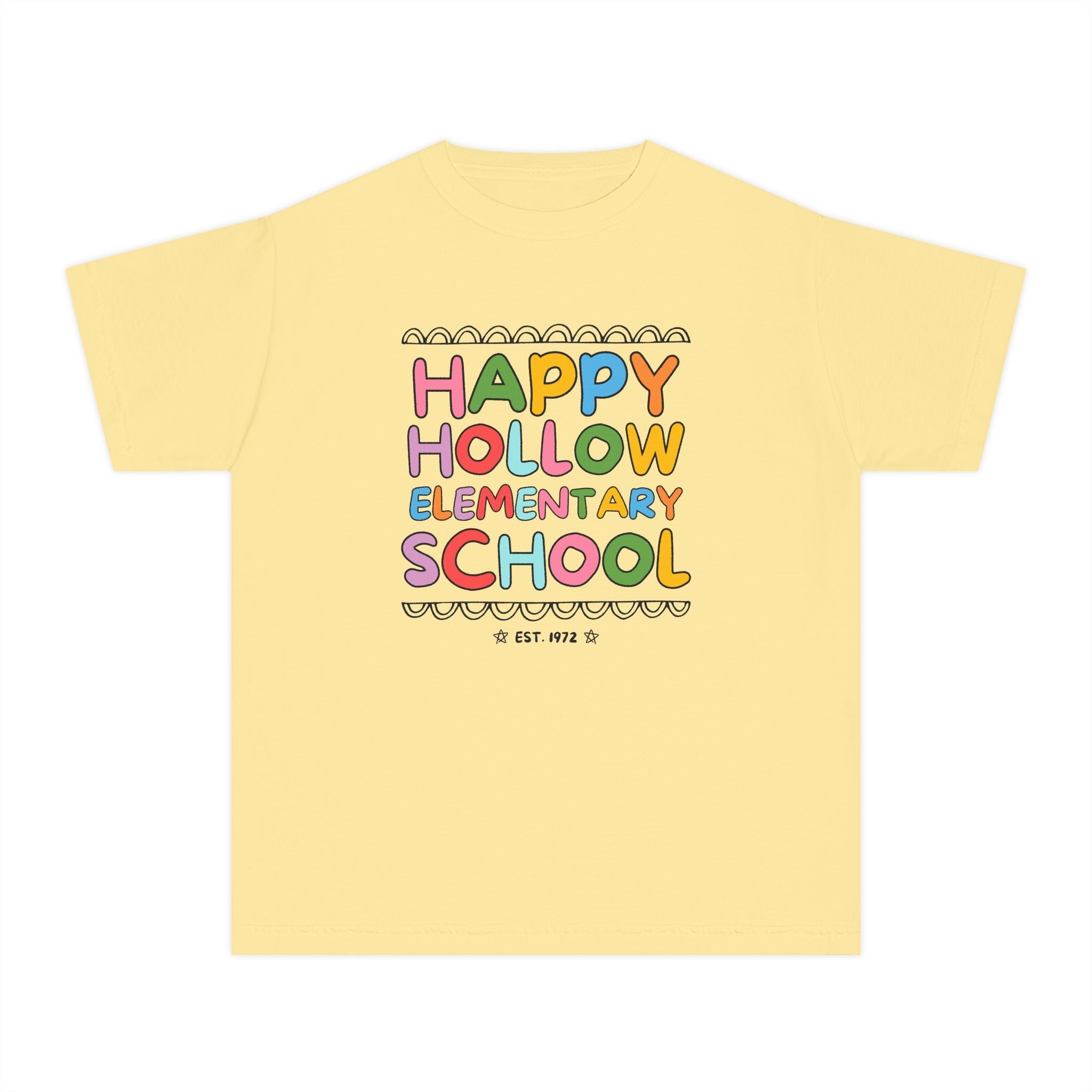 Happy Hollow Elementary Kids Tee Shirt: Rainbow Letters - Opal and June