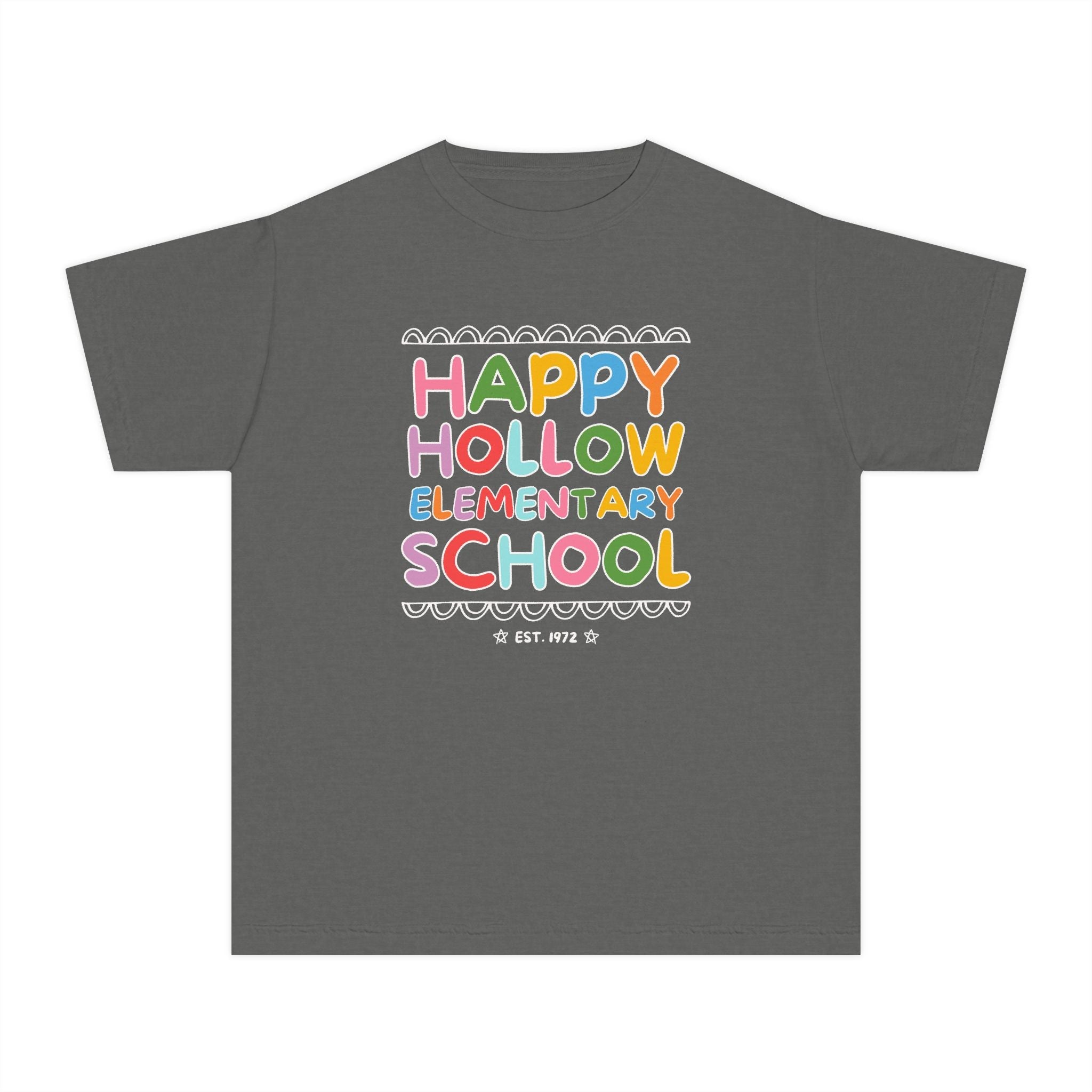 Happy Hollow Elementary Kids Tee Shirt: Rainbow Letters - Opal and June