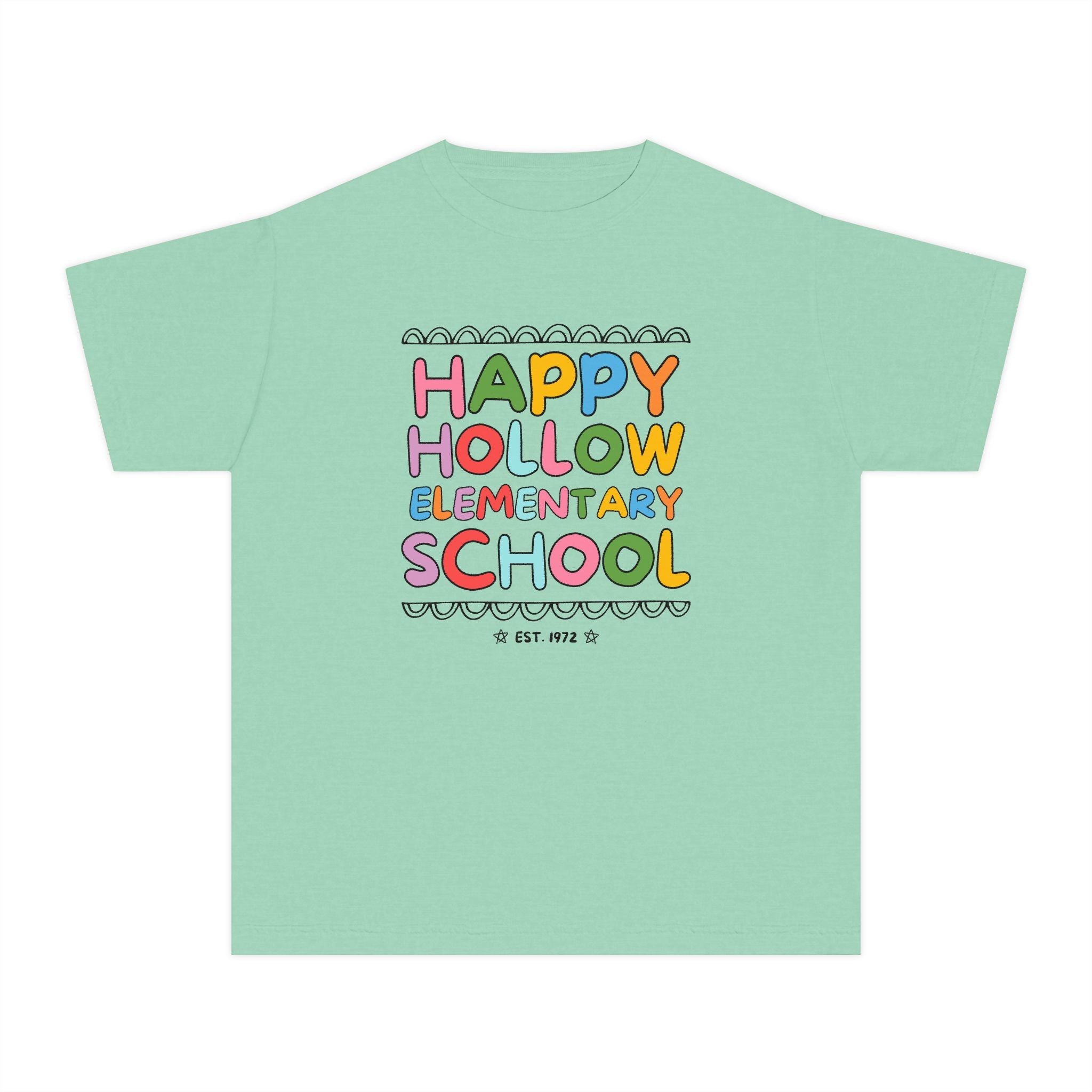 Happy Hollow Elementary Kids Tee Shirt: Rainbow Letters - Opal and June