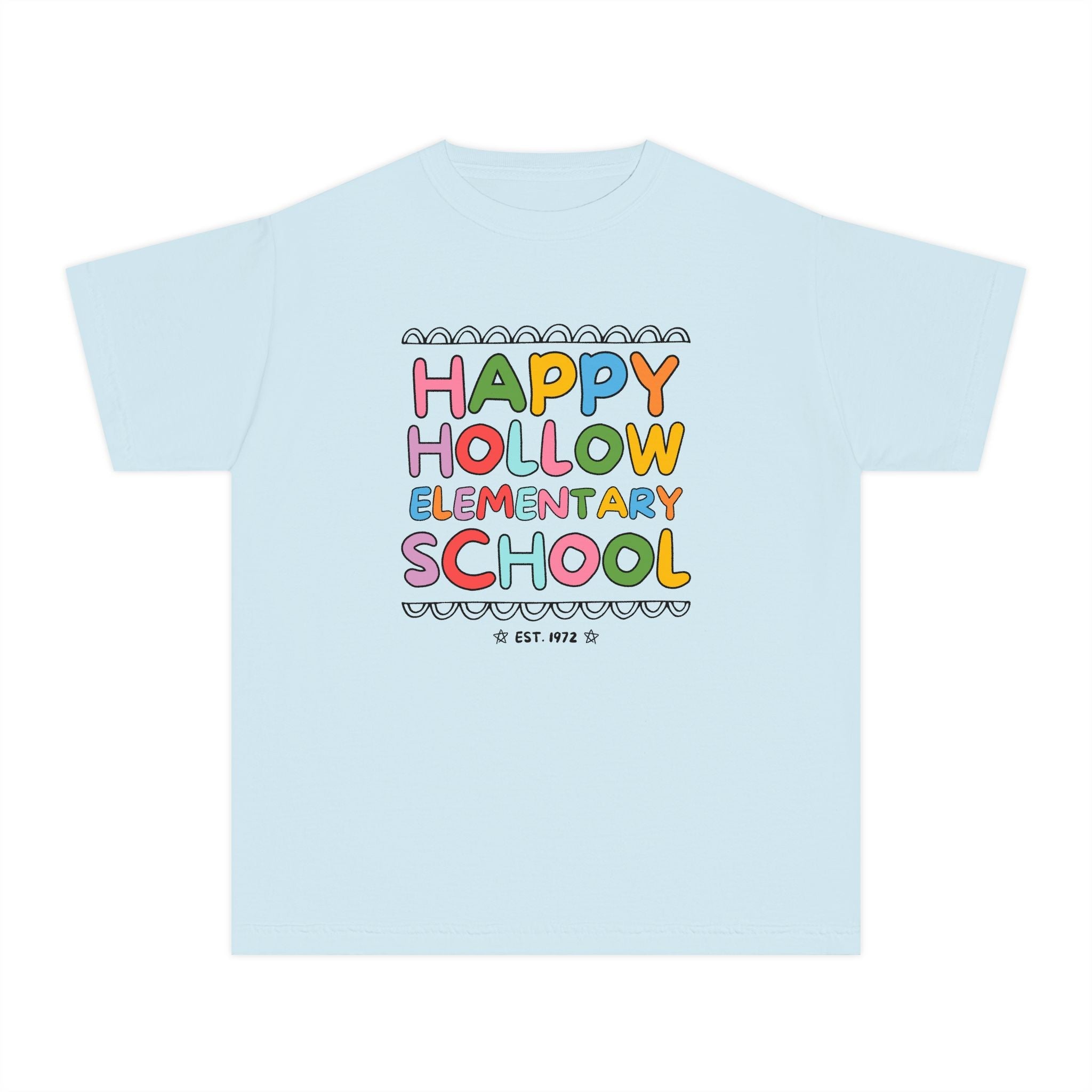 Happy Hollow Elementary Kids Tee Shirt: Rainbow Letters - Opal and June