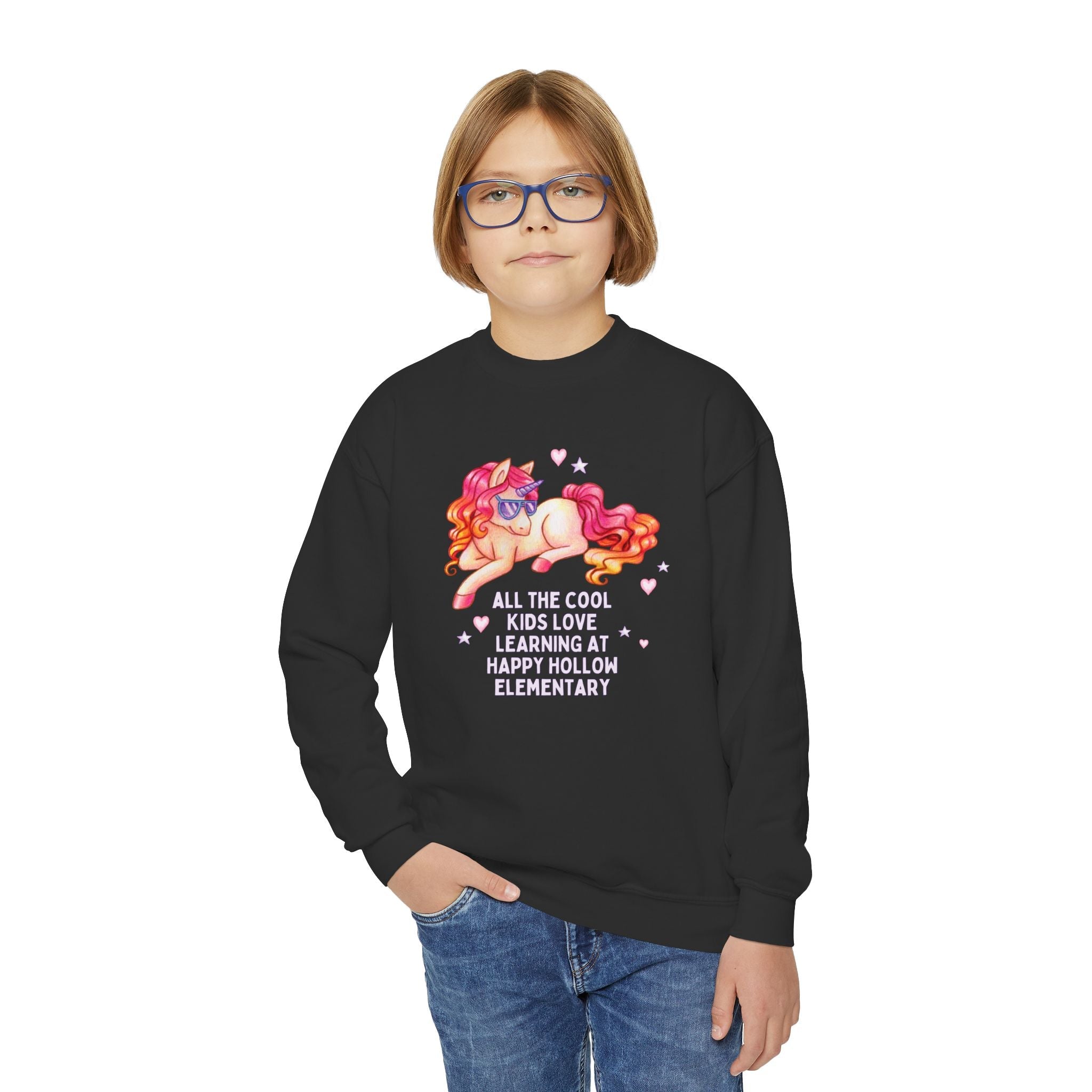 Happy Hollow Elementary School Kids Sweatshirt: Cool Kids Unicorn | FPS + Opal and June Sweatshirt, Fayetteville Public Schools - Opal and June