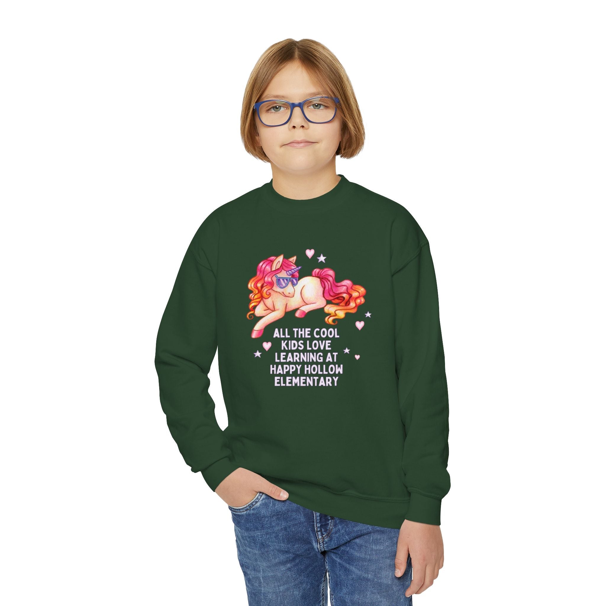 Happy Hollow Elementary School Kids Sweatshirt: Cool Kids Unicorn | FPS + Opal and June Sweatshirt, Fayetteville Public Schools - Opal and June