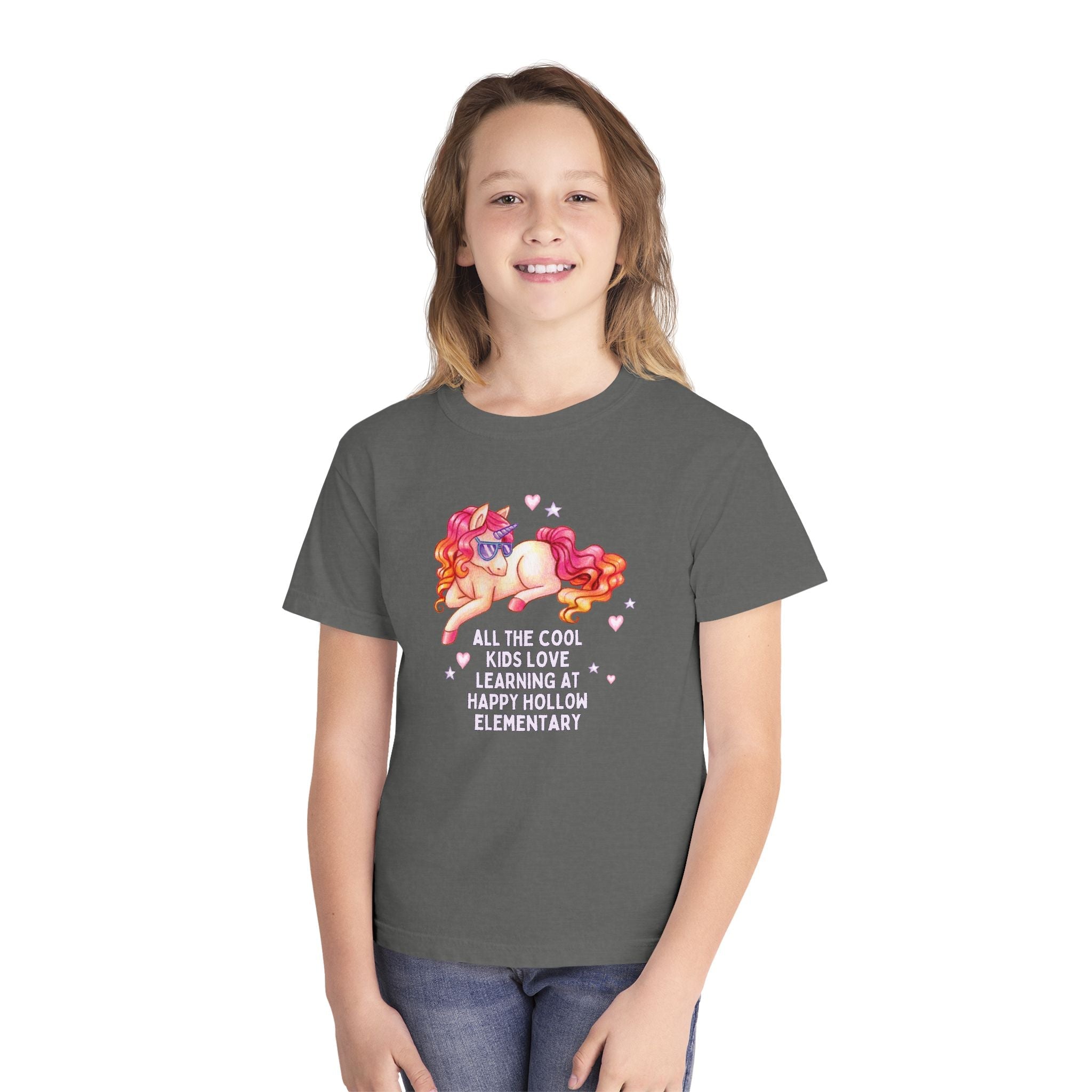Happy Hollow Elementary School Kids Tee Shirt: Cool Kids Unicorn | FPS + Opal and June T-Shirt, Fayetteville Public Schools - Opal and June