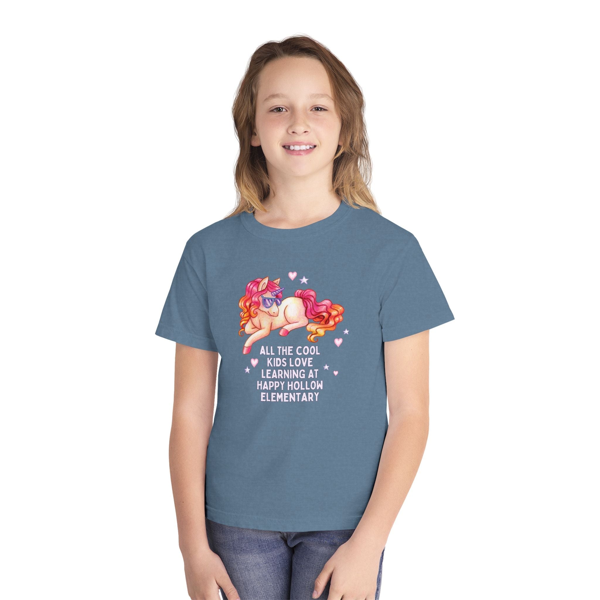 Happy Hollow Elementary School Kids Tee Shirt: Cool Kids Unicorn | FPS + Opal and June T-Shirt, Fayetteville Public Schools - Opal and June