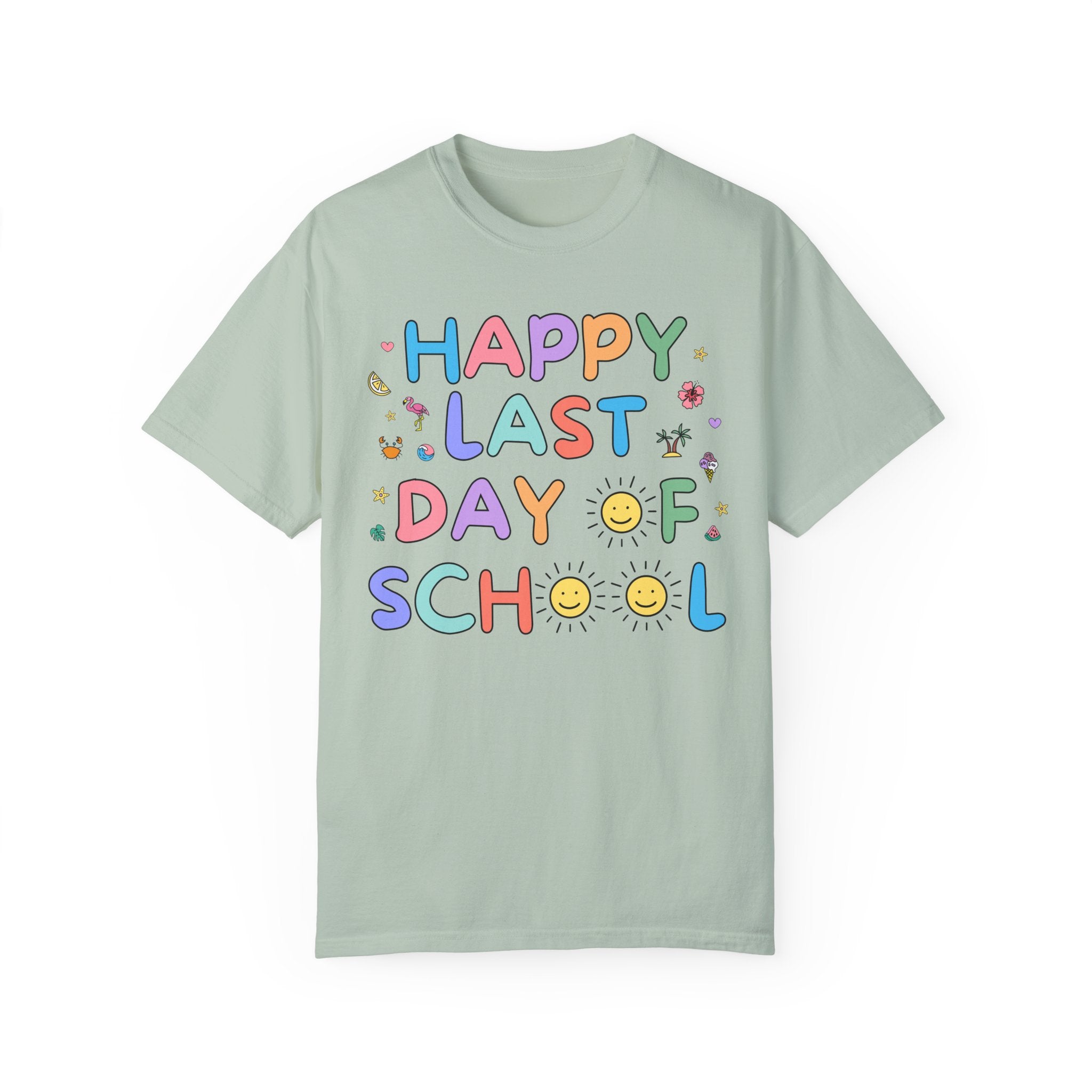Happy Last Day of School T-Shirt for School Principal or Front Office Staff, Cute Kindergarten Crew Class Dismissed Tee, Colorful Doodles - Opal and June