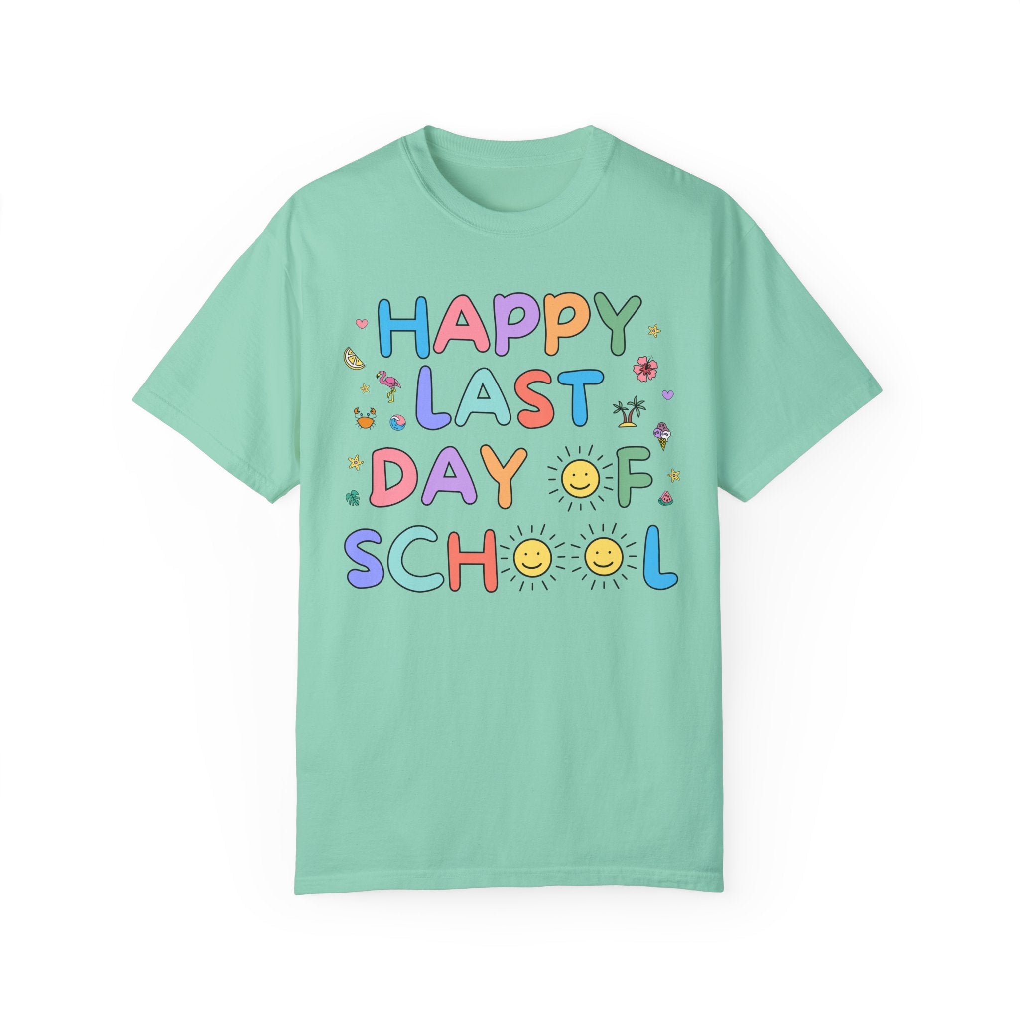 Happy Last Day of School T-Shirt for School Principal or Front Office Staff, Cute Kindergarten Crew Class Dismissed Tee, Colorful Doodles - Opal and June