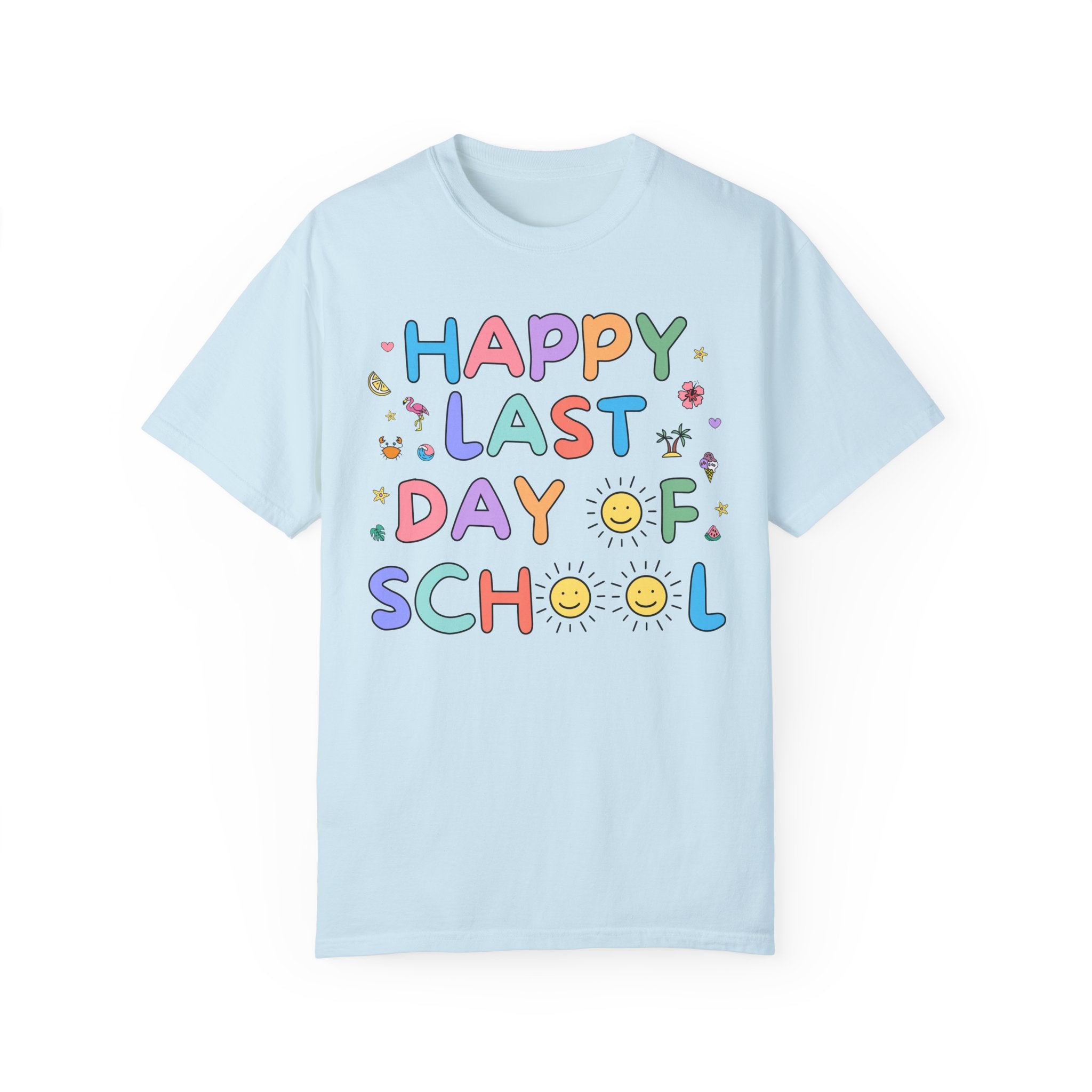 Happy Last Day of School T-Shirt for School Principal or Front Office Staff, Cute Kindergarten Crew Class Dismissed Tee, Colorful Doodles - Opal and June