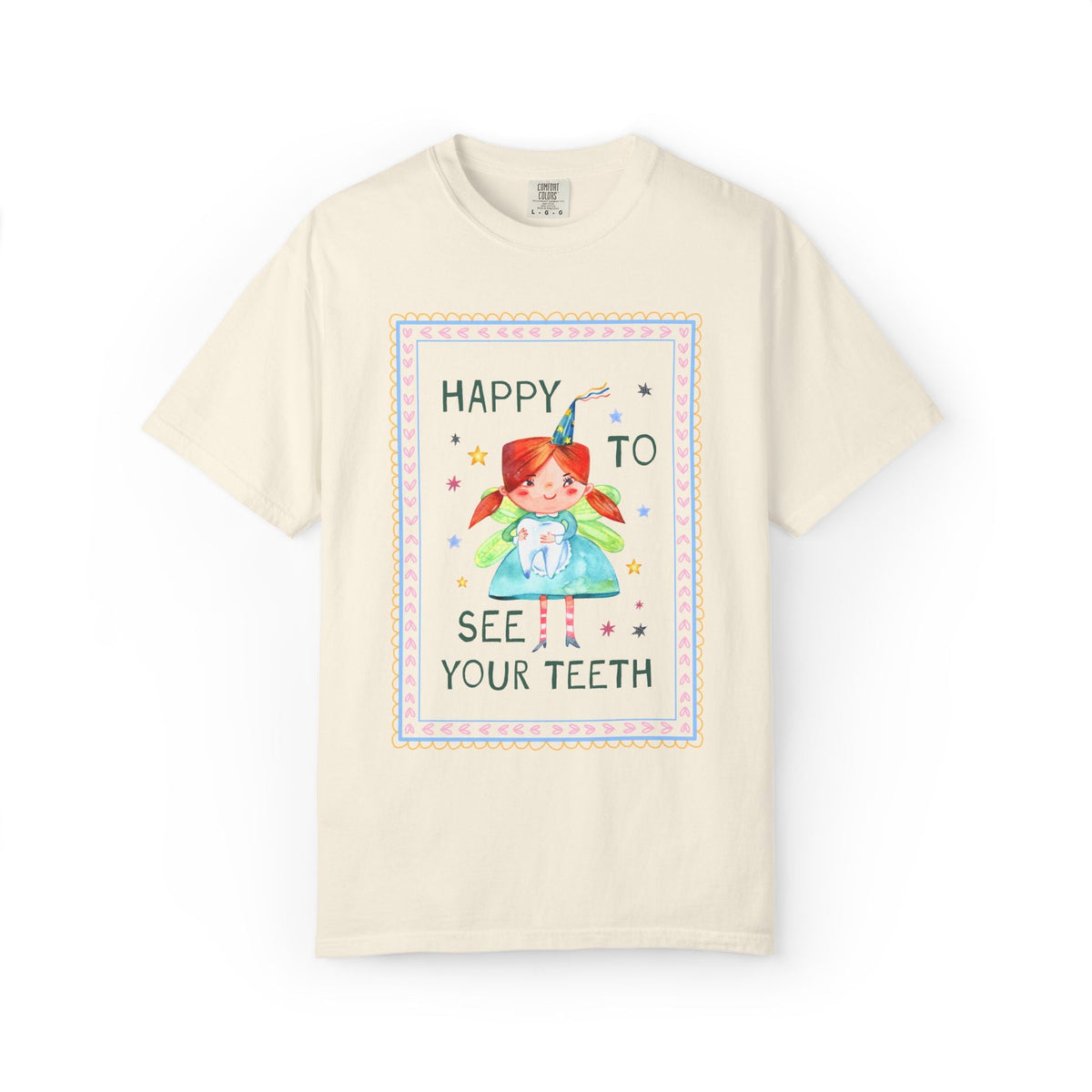 Happy to See Your Teeth: Funny Dentist or Dental Assistant T-Shirt with Tooth Fairy Holding a Tooth, Silly New Dentist Tee with Stars - Opal and June