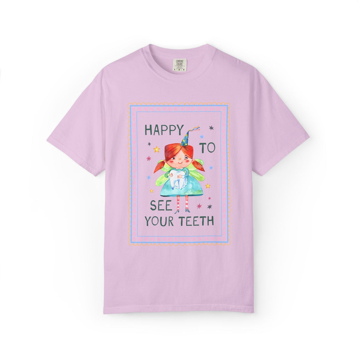 Happy to See Your Teeth: Funny Dentist or Dental Assistant T-Shirt with Tooth Fairy Holding a Tooth, Silly New Dentist Tee with Stars - Opal and June