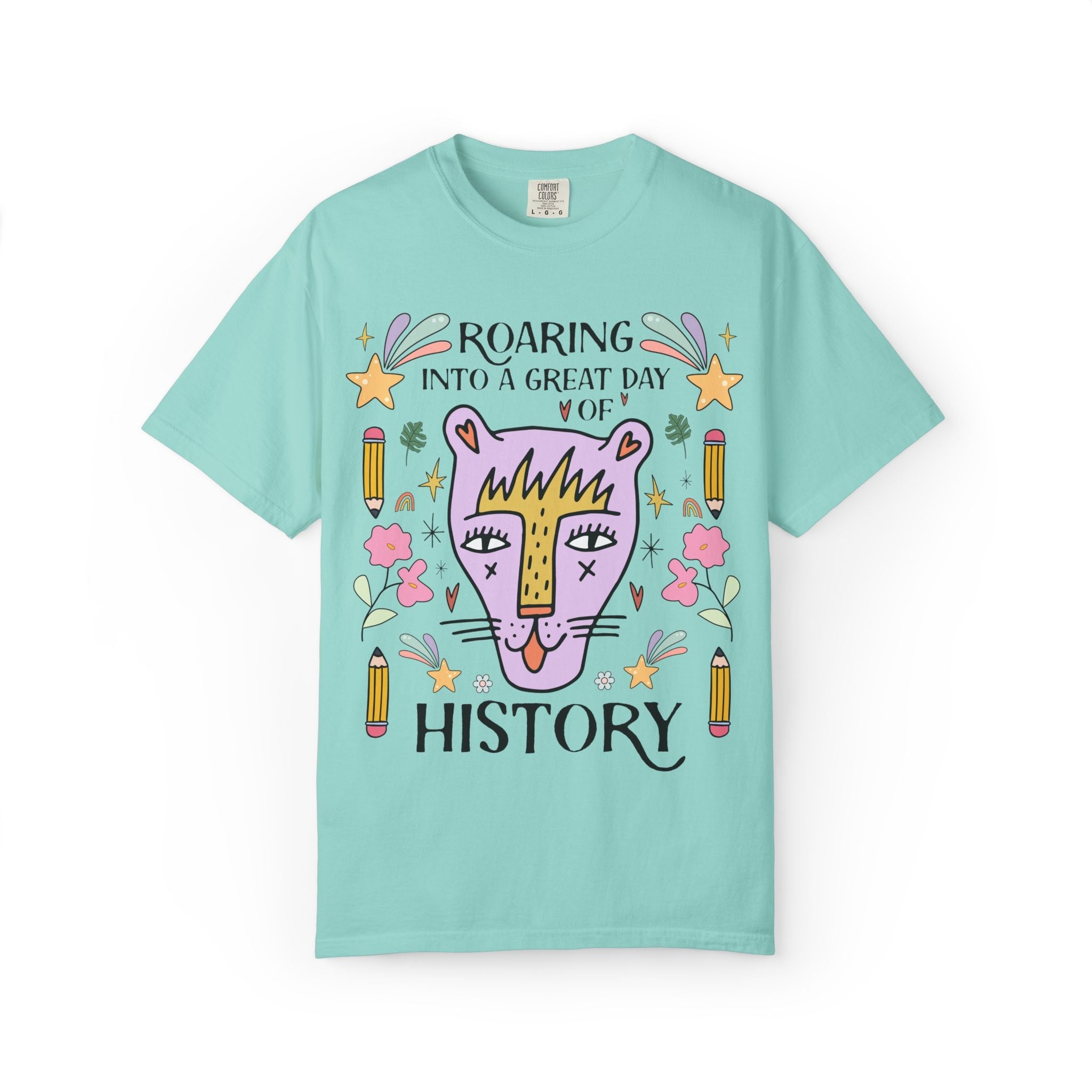 High School History Tee Shirt: Roaring Into a Great Day of Reading | Cute Eclectic Matching Teacher History Department Tee for Animal Lover - Opal and June