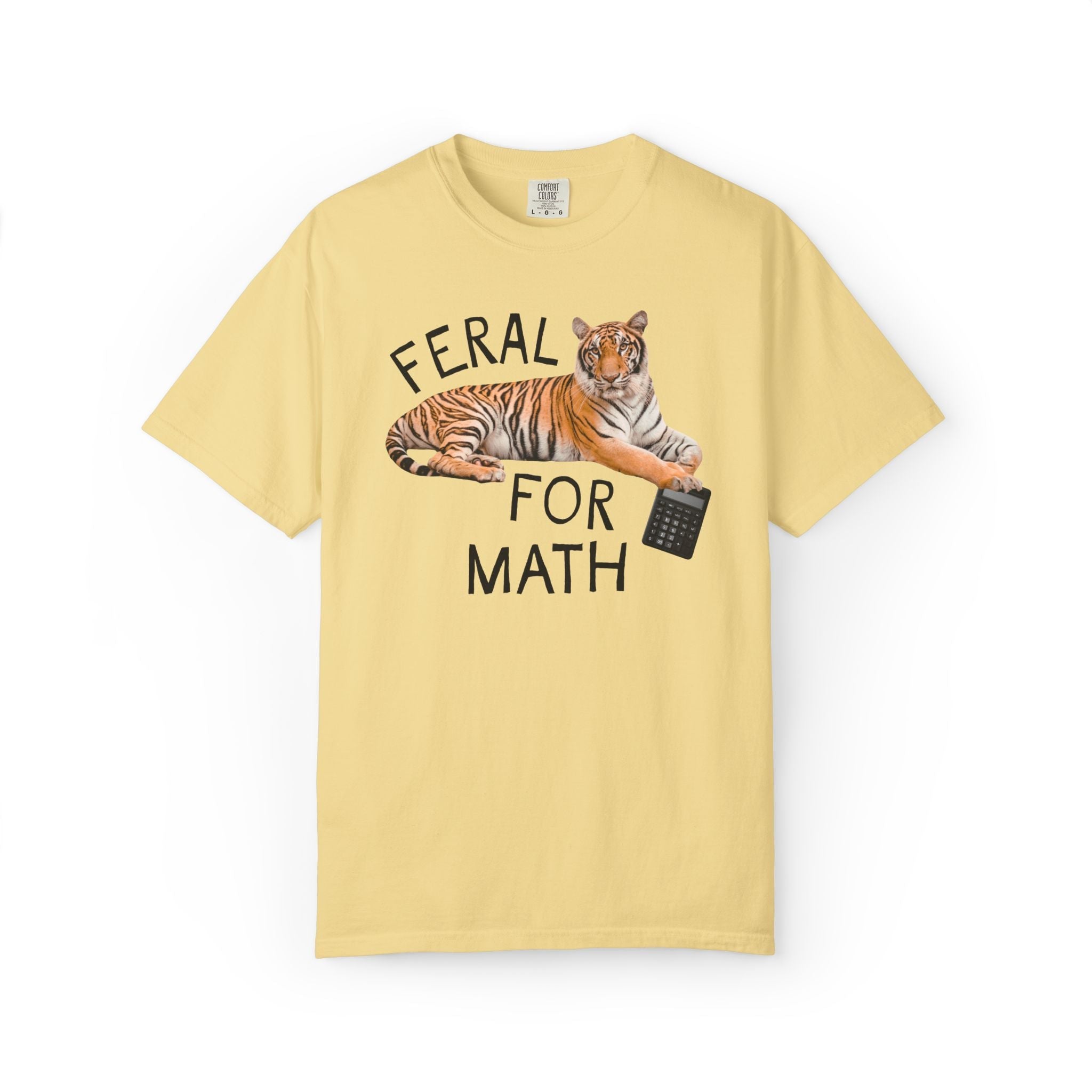 High School math Teacher Shirt: Feral for Math, Silly Animal Lover T-Shirt with Tiger Holding a Calculator, Cute Matching Teacher Tee - Opal and June