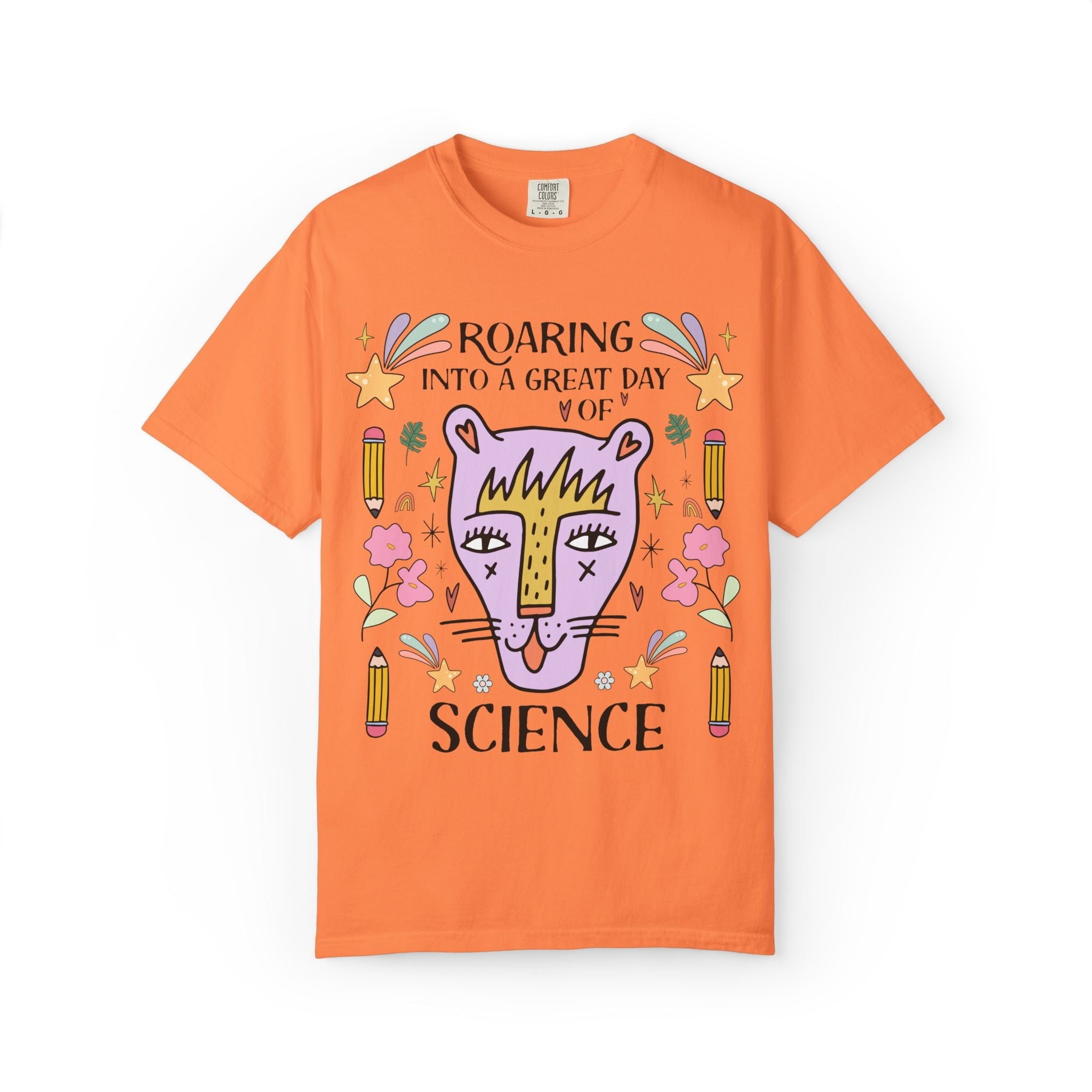 High School Science Teacher Tee: Roaring Into a Great Day of Reading | Cute Matching Teacher or School Office Staff Tee, Pencils and Flowers - Opal and June