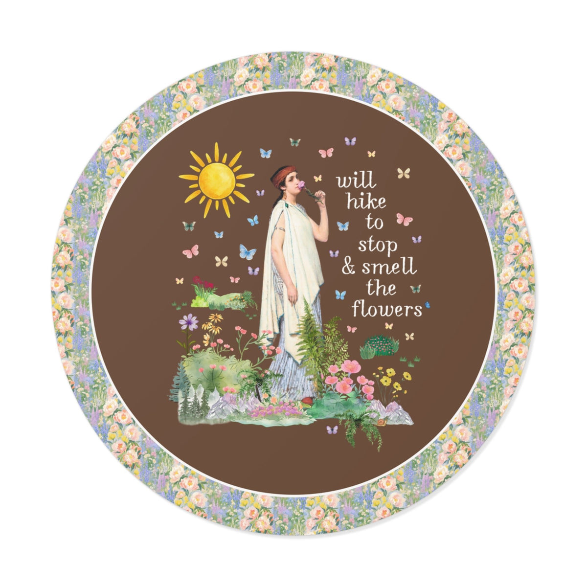 Hiking Art History Sticker: Will Hike to Stop and Smell the Flowers, Funny Goblincore Hikinng Lover Sticker for Nature Lover or Gardener - Opal and June