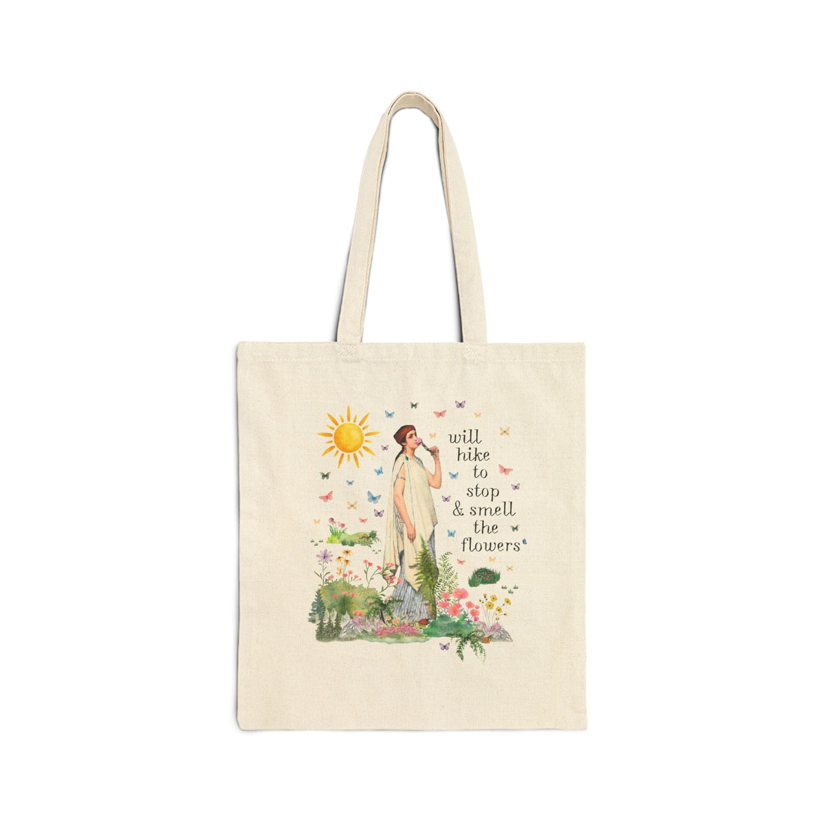 Hiking Art History Tote Bag: Will Hike to Stop and Smell the Flowers, Funny Goblincore Hikinng Lover Tote Bag for Nature Lover or Gardener - Opal and June