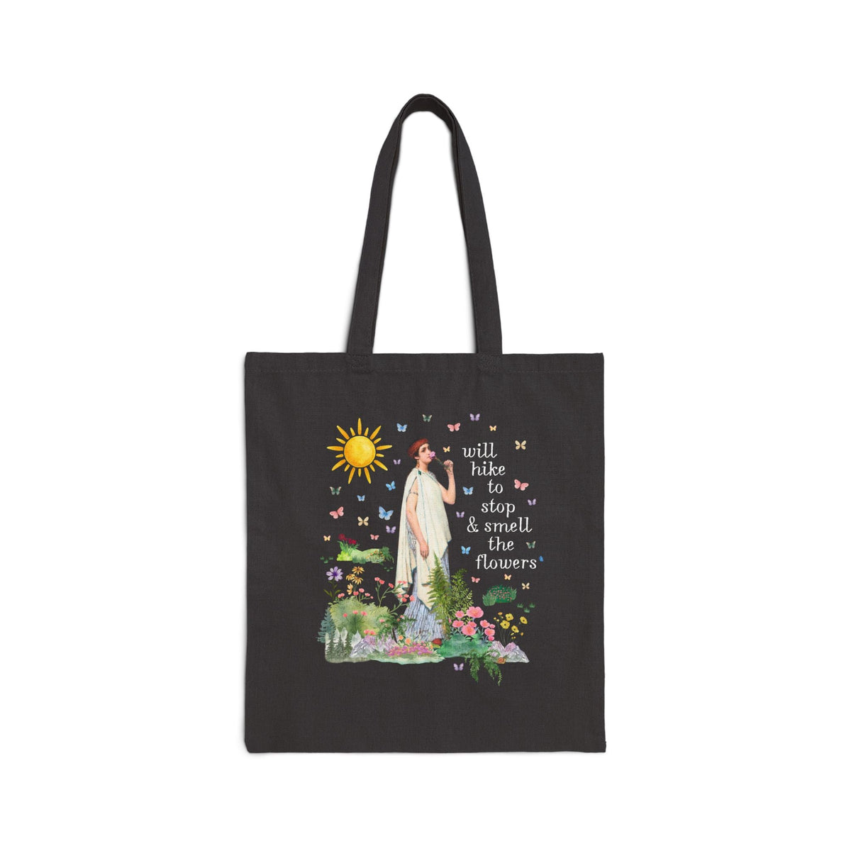 Hiking Art History Tote Bag: Will Hike to Stop and Smell the Flowers, Funny Goblincore Hikinng Lover Tote Bag for Nature Lover or Gardener - Opal and June