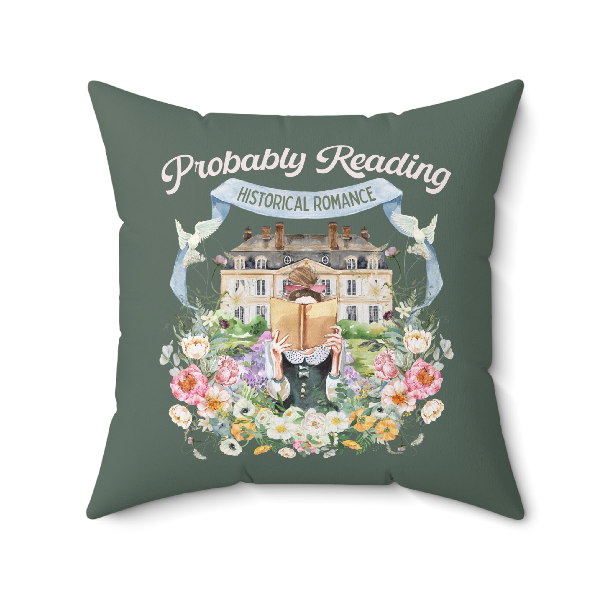 Historical Romance Pillow: Bookish Decor with Cottagecore Flowers and Doves | Floral Book Lover Pillow for Regency Romance Reader - Opal and June
