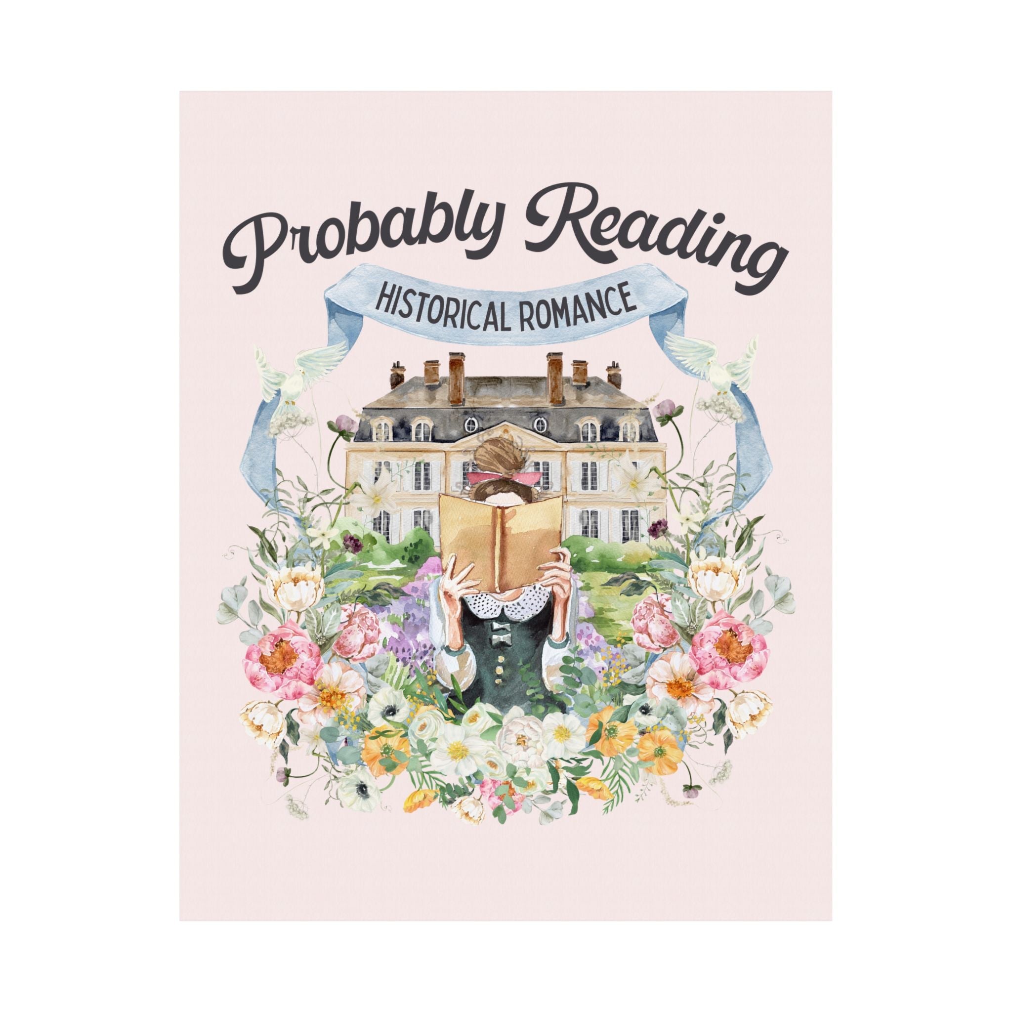 Historical Romance Poster for Library or Bookstore: Bookish Print with Cottagecore Flowers and Doves, Colorful Maximalist Regency Romance - Opal and June