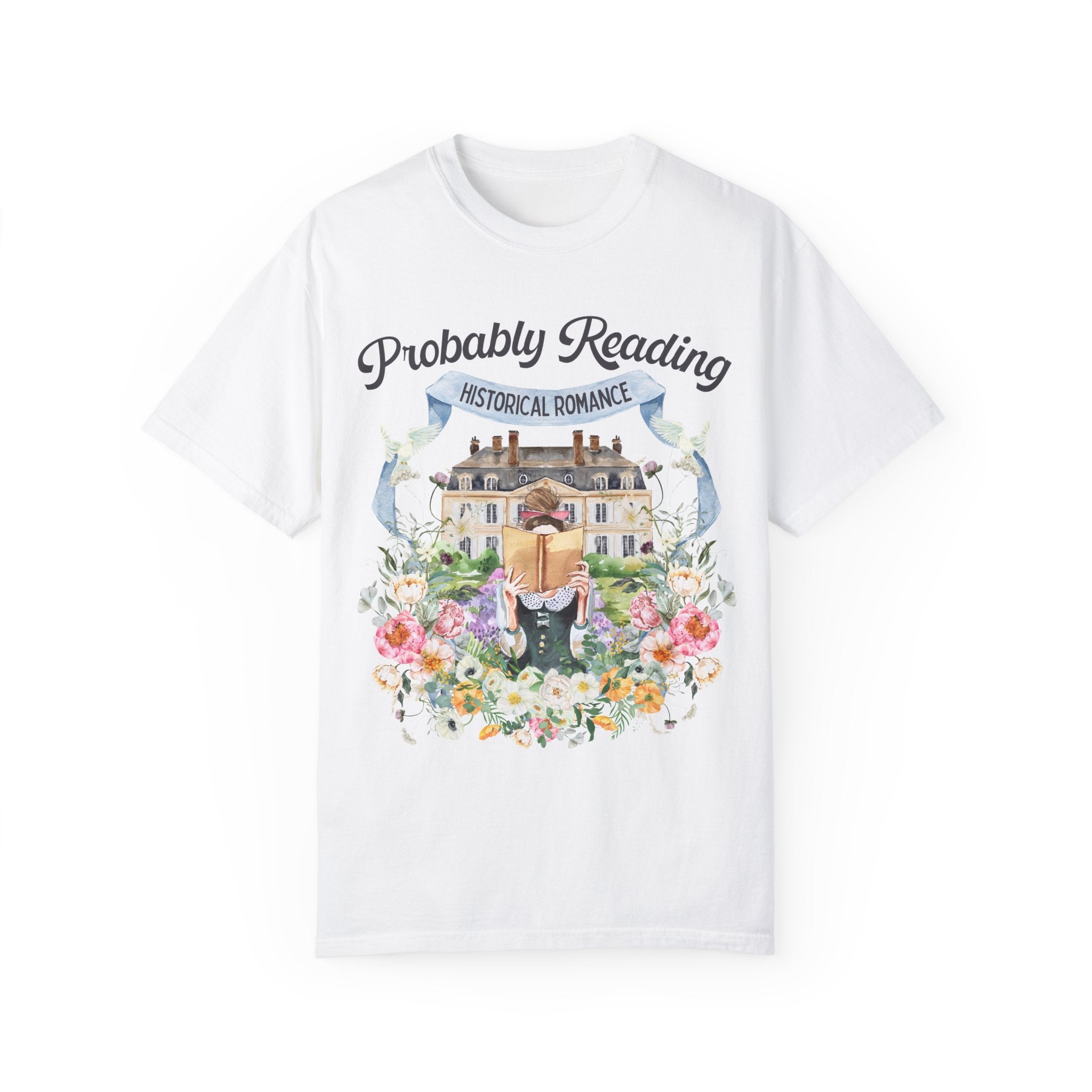 Historical Romance Tee Shirt: Bookish Shirt with Cottagecore Flowers and Doves | Floral Book Lover Shirt for Regency Romance Reader - Opal and June