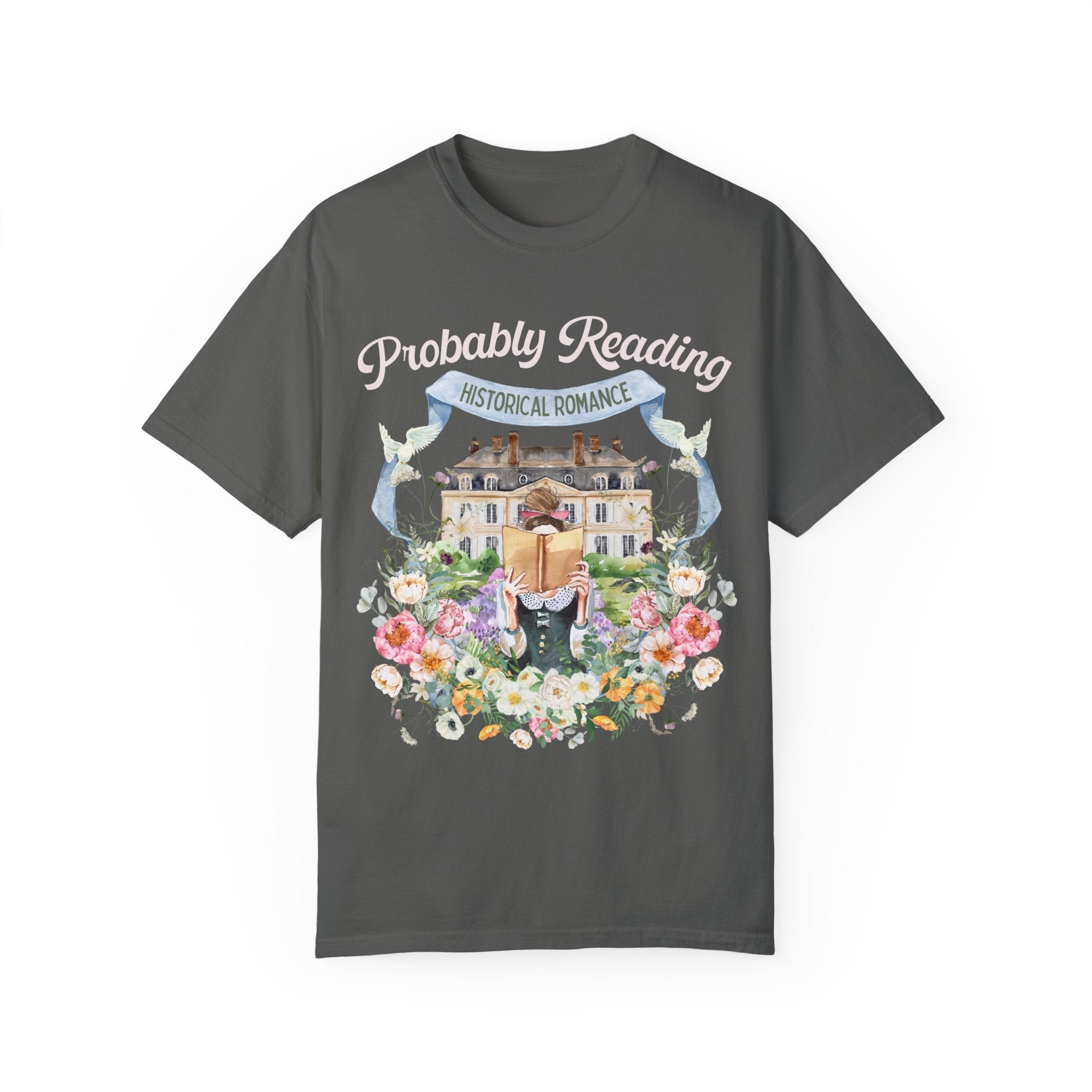 Historical Romance Tee Shirt: Bookish Shirt with Cottagecore Flowers and Doves | Floral Book Lover Shirt for Regency Romance Reader - Opal and June