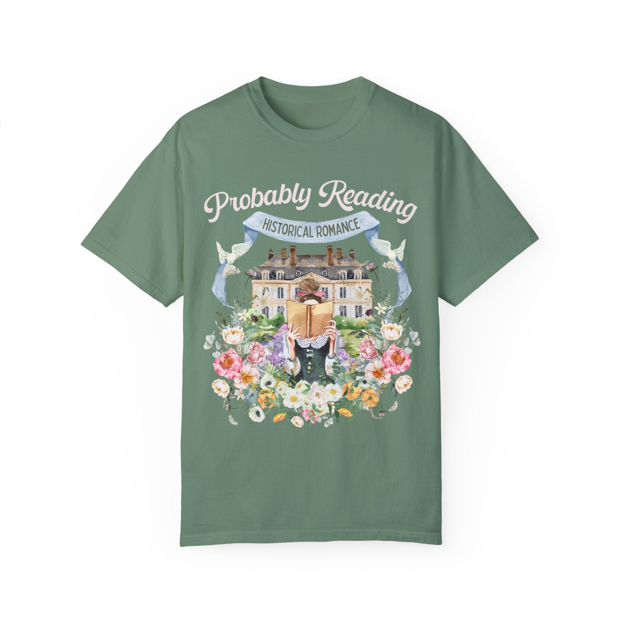 Historical Romance Tee Shirt: Bookish Shirt with Cottagecore Flowers and Doves | Floral Book Lover Shirt for Regency Romance Reader - Opal and June