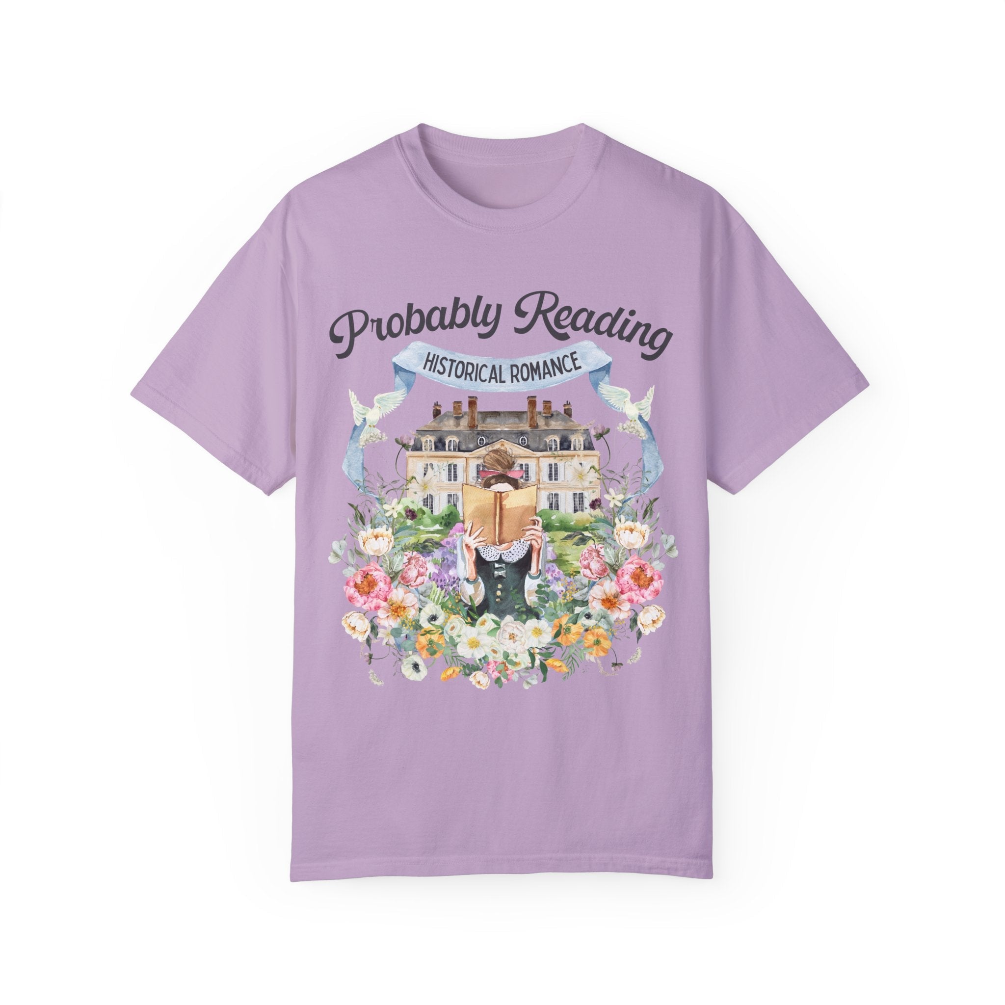 Historical Romance Tee Shirt: Bookish Shirt with Cottagecore Flowers and Doves | Floral Book Lover Shirt for Regency Romance Reader - Opal and June