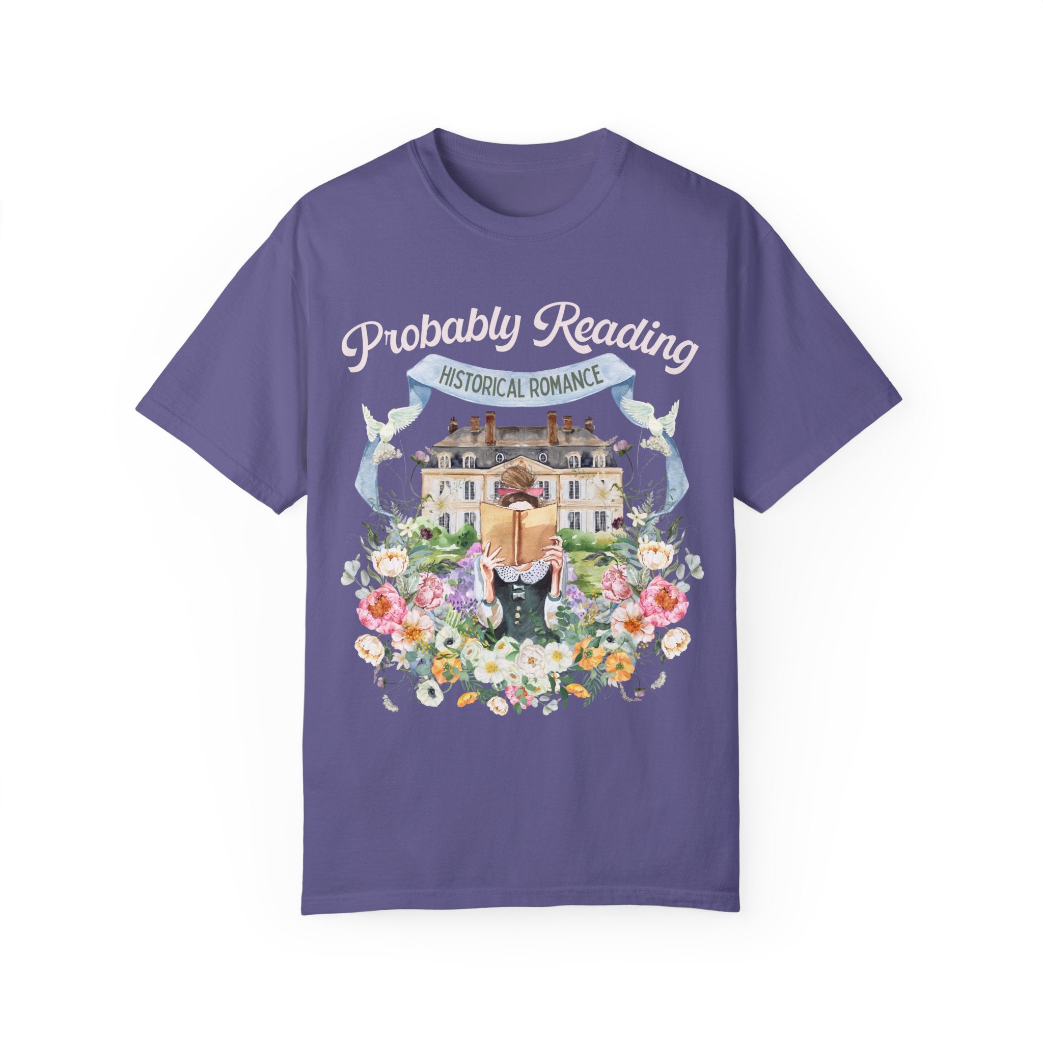 Historical Romance Tee Shirt: Bookish Shirt with Cottagecore Flowers and Doves | Floral Book Lover Shirt for Regency Romance Reader - Opal and June