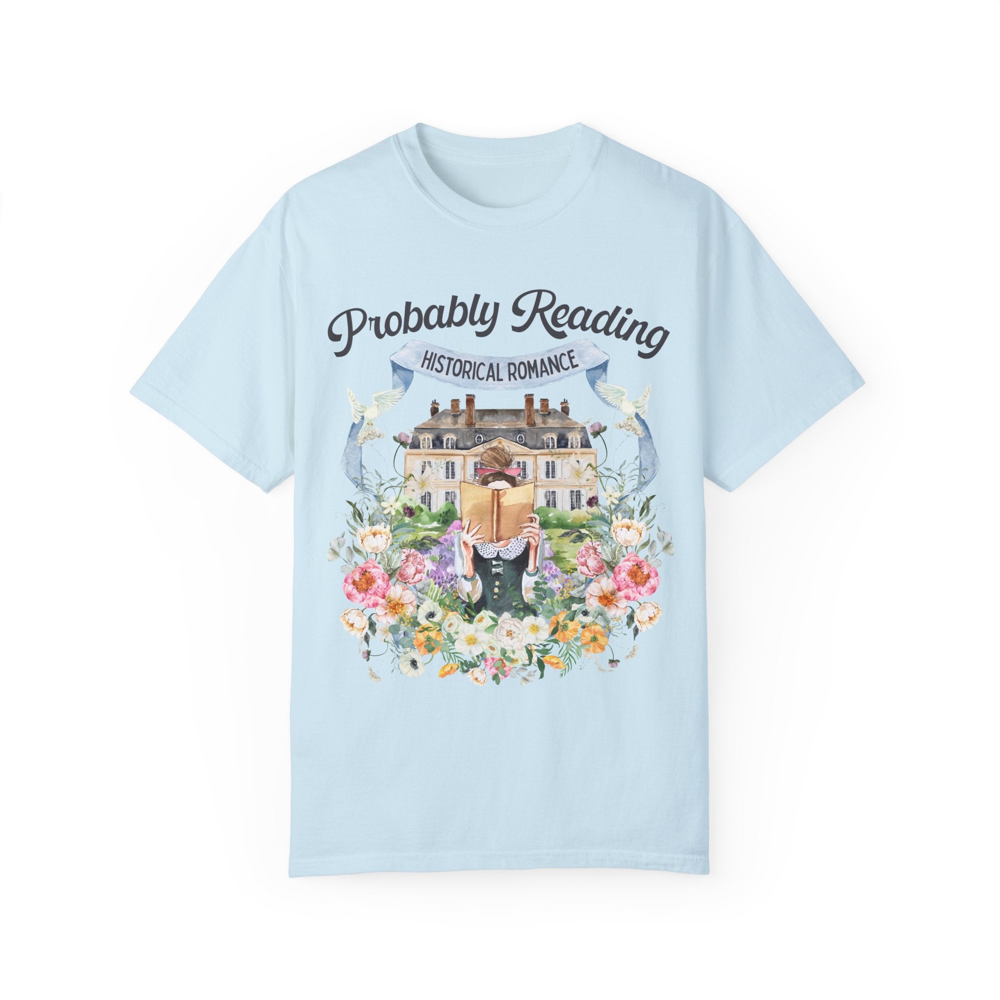 Historical Romance Tee Shirt: Bookish Shirt with Cottagecore Flowers and Doves | Floral Book Lover Shirt for Regency Romance Reader - Opal and June