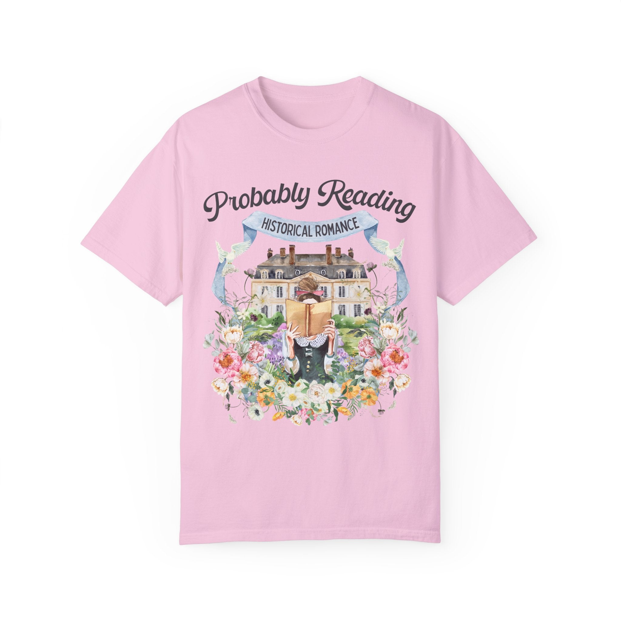 Historical Romance Tee Shirt: Bookish Shirt with Cottagecore Flowers and Doves | Floral Book Lover Shirt for Regency Romance Reader - Opal and June