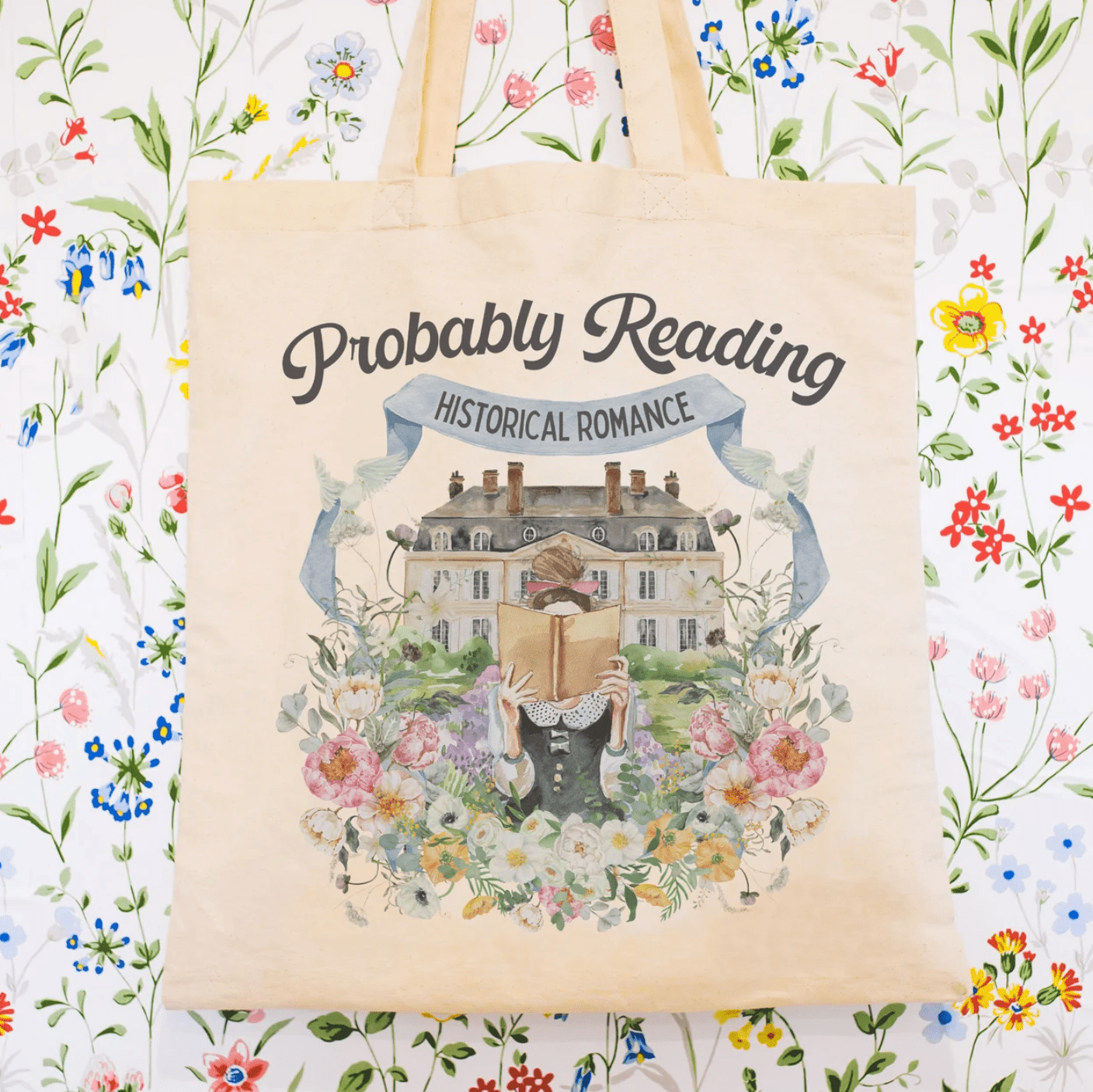 Historical Romance Tote Bag: Bookish Tote with Cottagecore Flowers and Doves - Opal and June