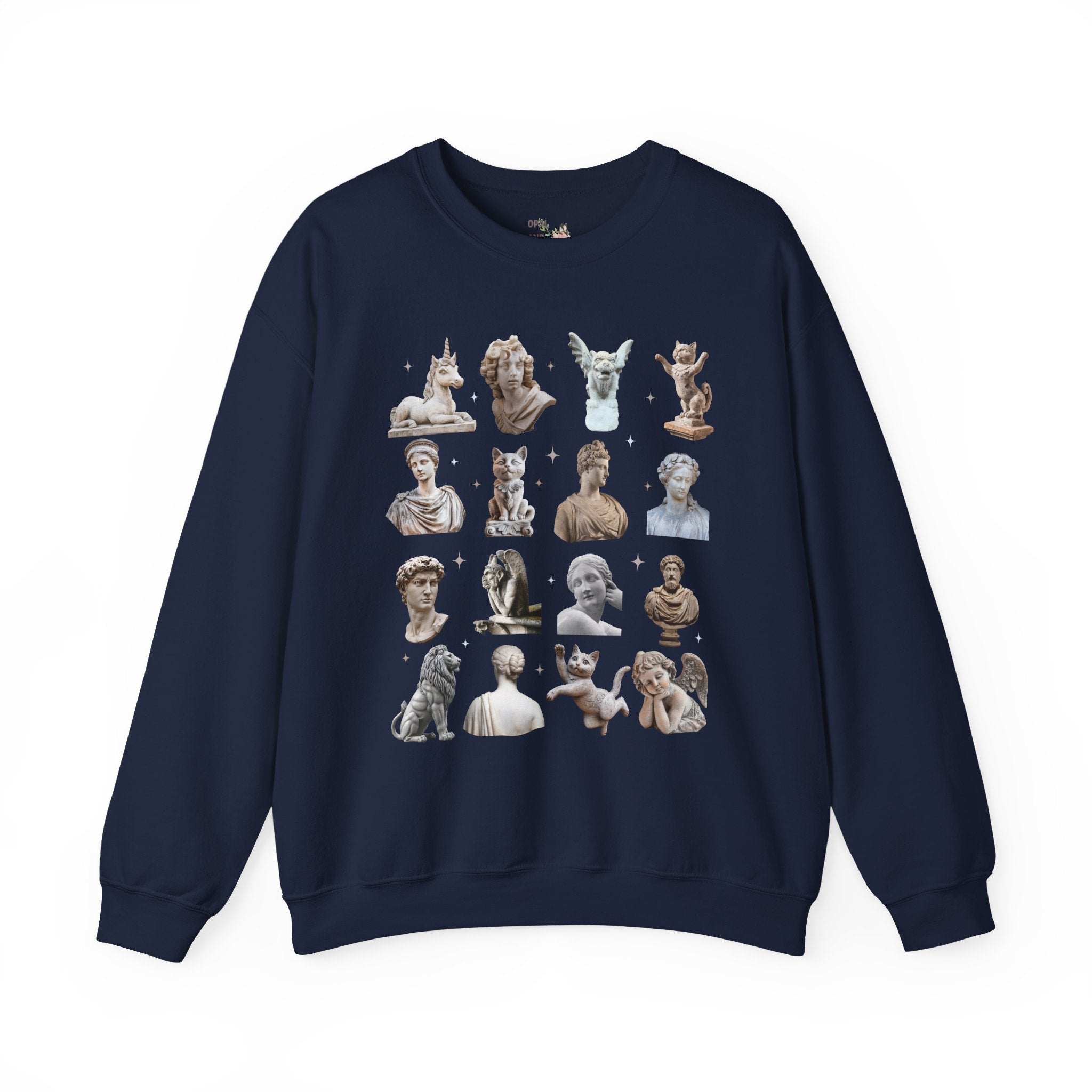 History Buff Humanities Teacher Sweatshirt: Classic Statues Mixed with Funny Cat and Unicorn Statues, Goblincore Animal Lover Bookish Crewneck - Opal and June