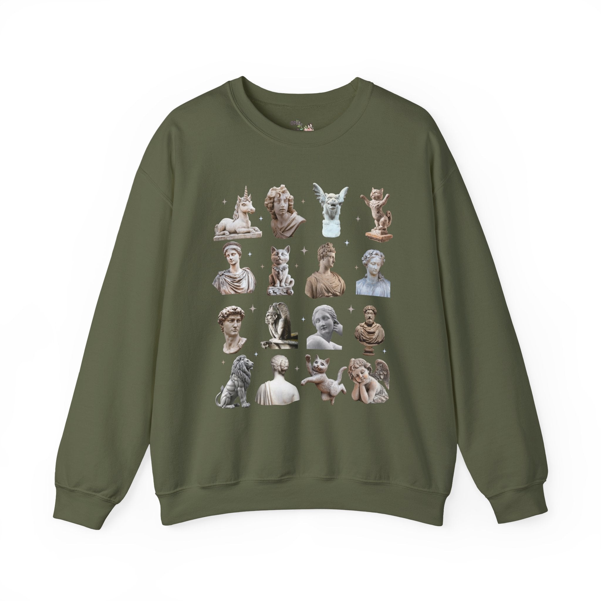 History Buff Humanities Teacher Sweatshirt: Classic Statues Mixed with Funny Cat and Unicorn Statues, Goblincore Animal Lover Bookish Crewneck - Opal and June
