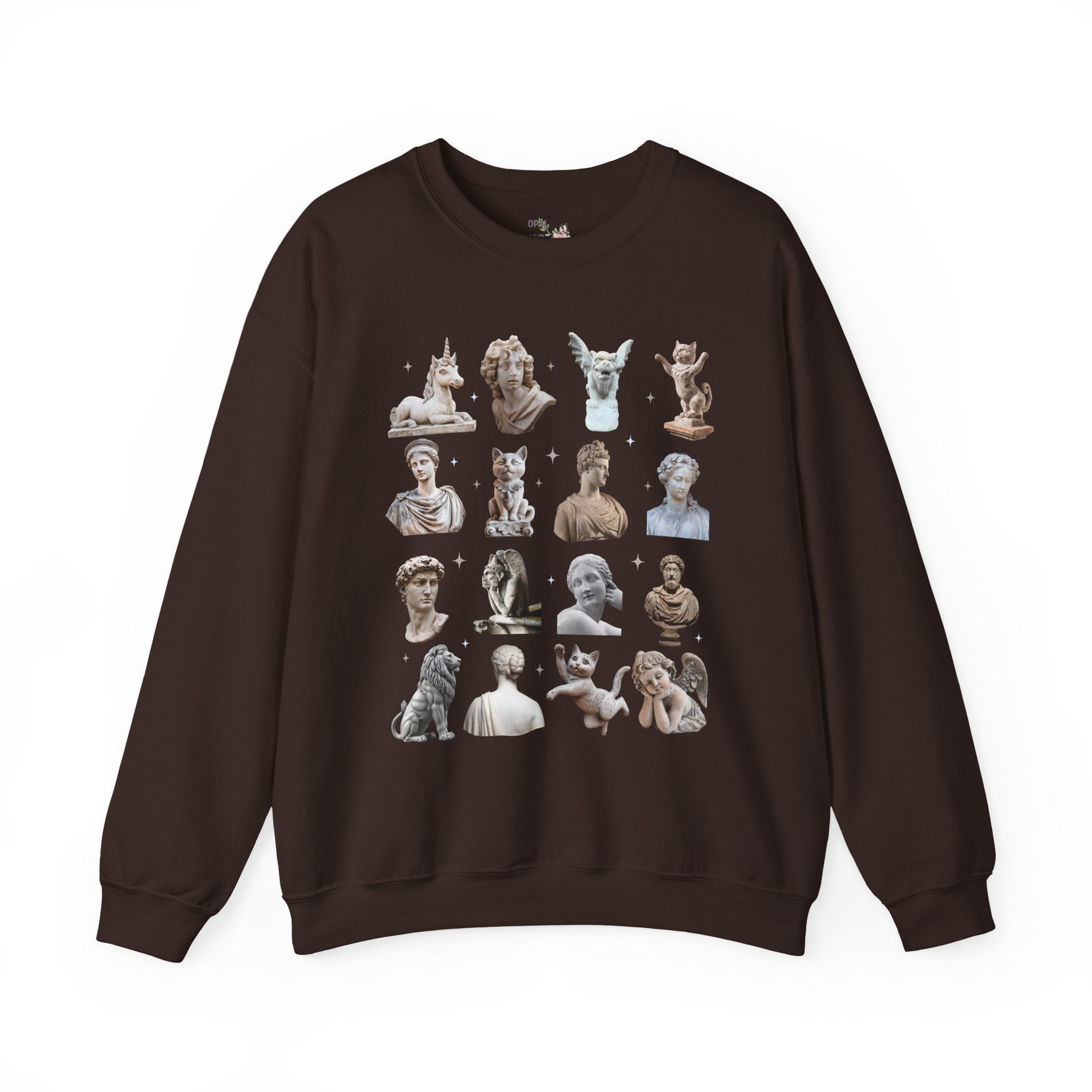 History Buff Humanities Teacher Sweatshirt: Classic Statues Mixed with Funny Cat and Unicorn Statues, Goblincore Animal Lover Bookish Crewneck - Opal and June