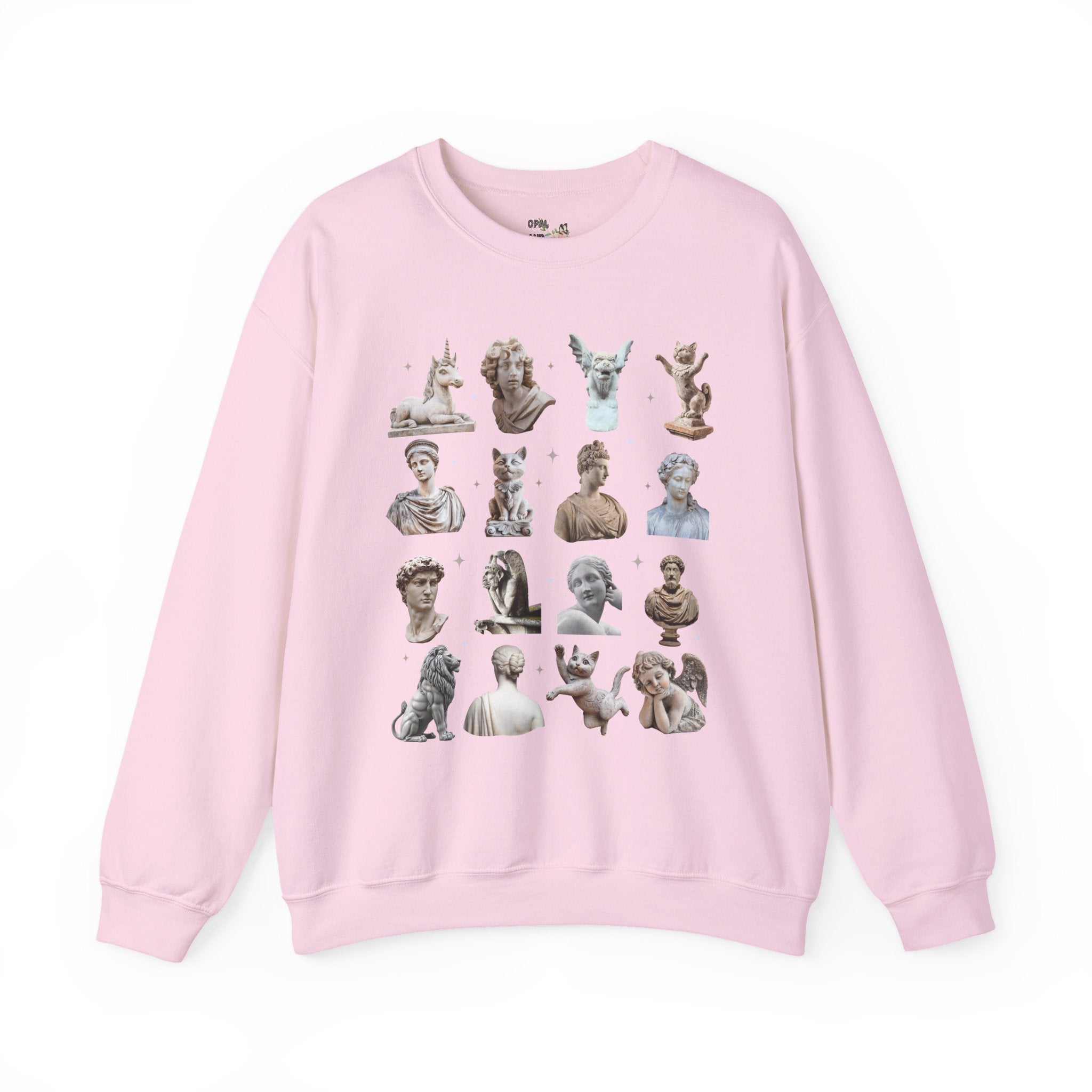 History Buff Humanities Teacher Sweatshirt: Classic Statues Mixed with Funny Cat and Unicorn Statues, Goblincore Animal Lover Bookish Crewneck - Opal and June