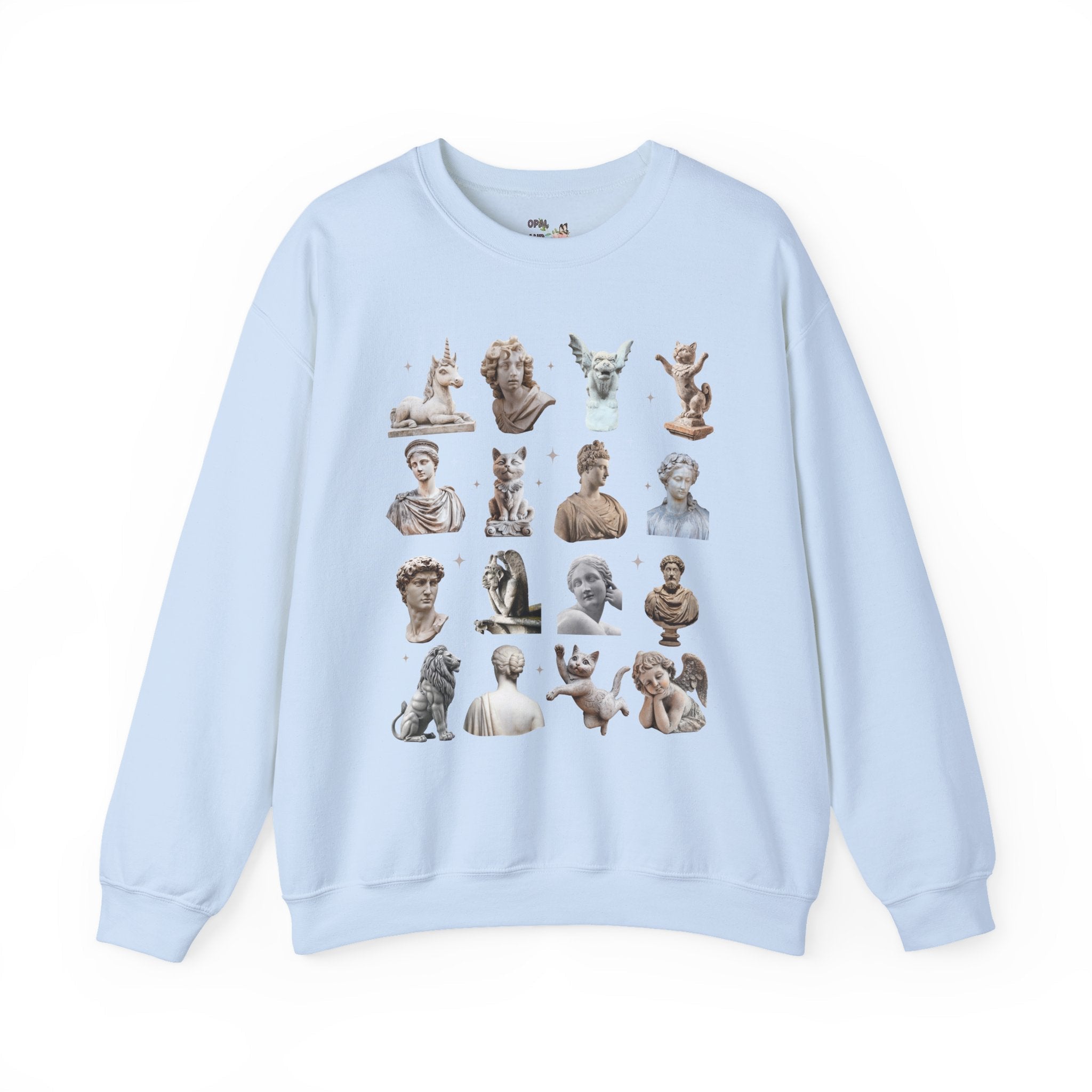 History Buff Humanities Teacher Sweatshirt: Classic Statues Mixed with Funny Cat and Unicorn Statues, Goblincore Animal Lover Bookish Crewneck - Opal and June