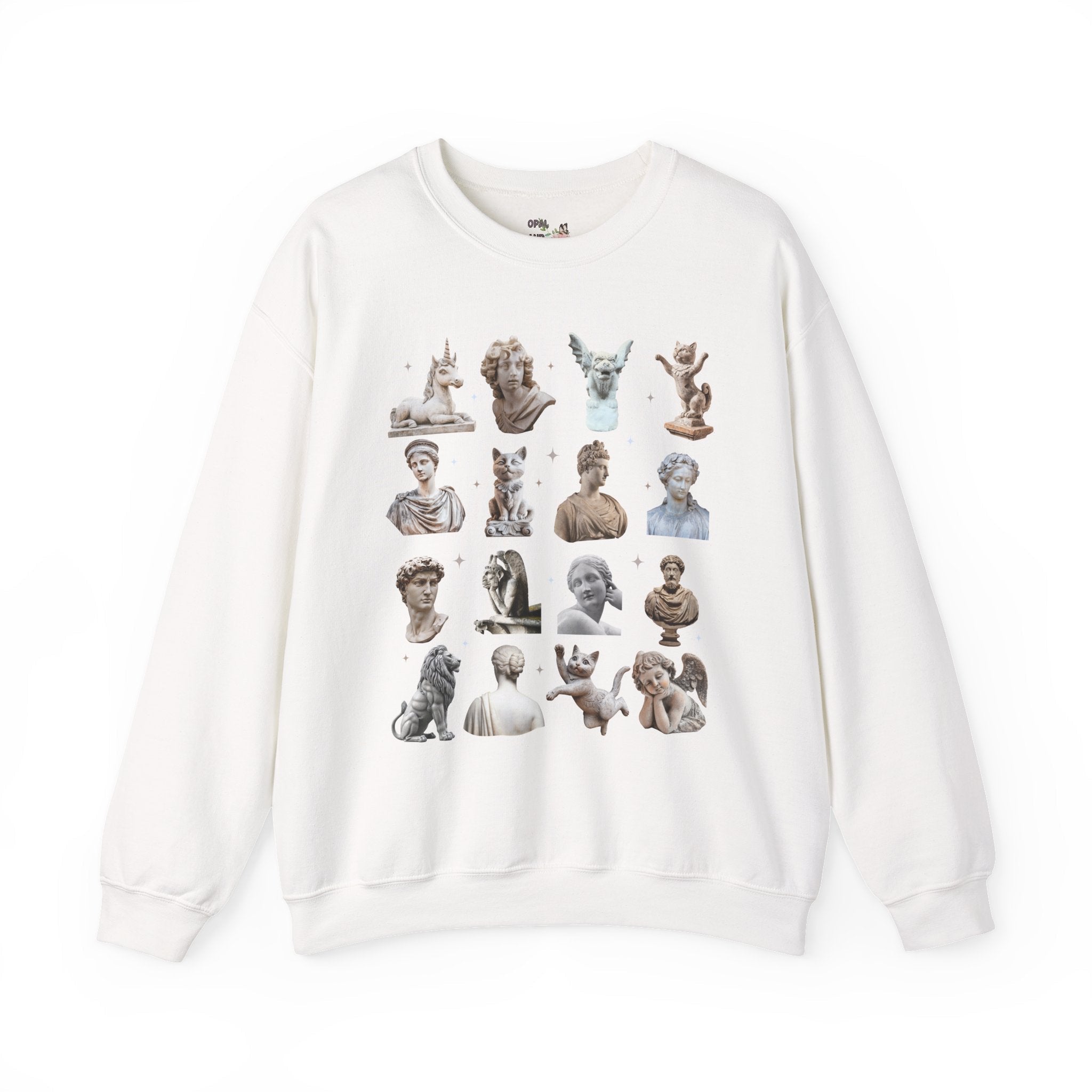 History Buff Humanities Teacher Sweatshirt: Classic Statues Mixed with Funny Cat and Unicorn Statues, Goblincore Animal Lover Bookish Crewneck - Opal and June
