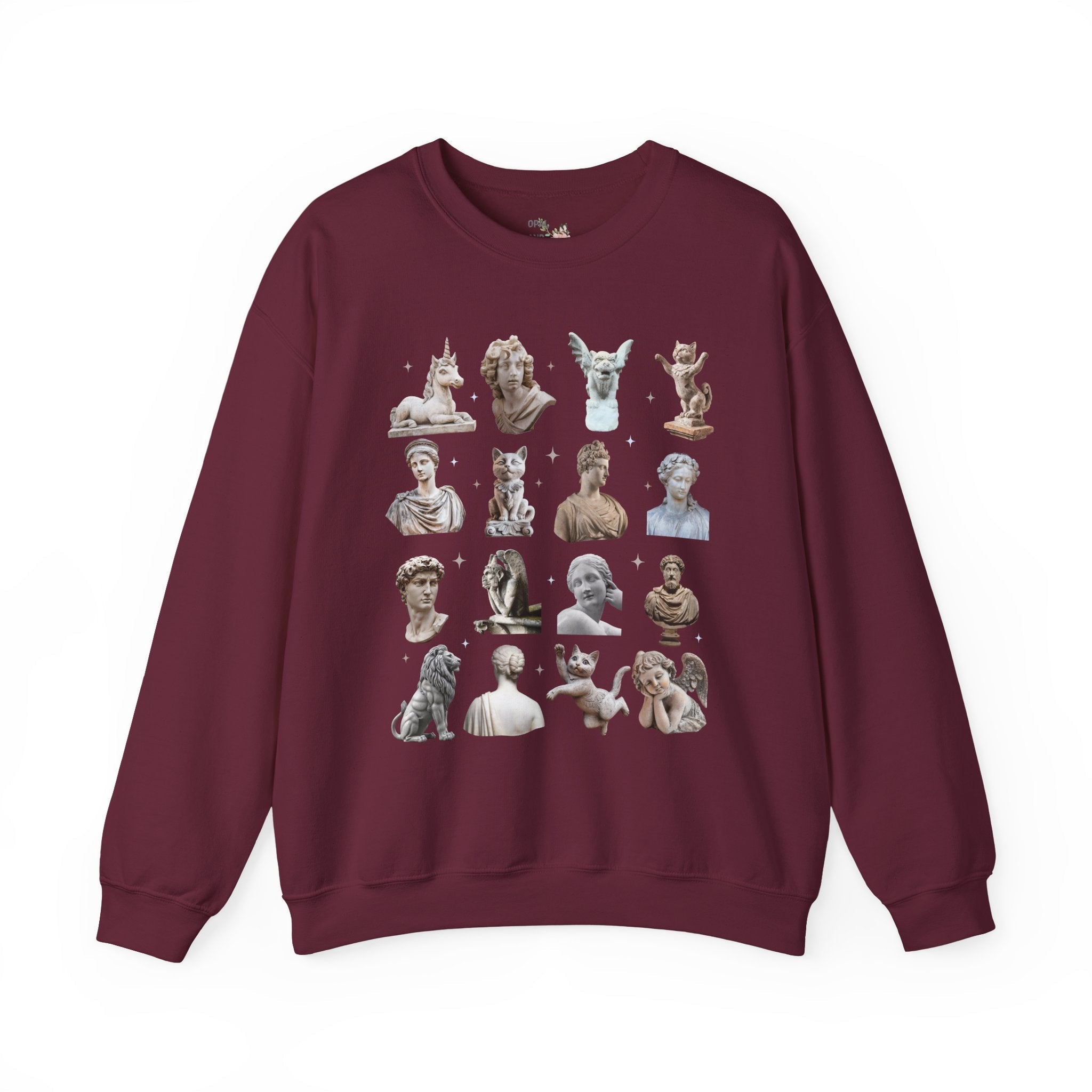 History Buff Humanities Teacher Sweatshirt: Classic Statues Mixed with Funny Cat and Unicorn Statues, Goblincore Animal Lover Bookish Crewneck - Opal and June