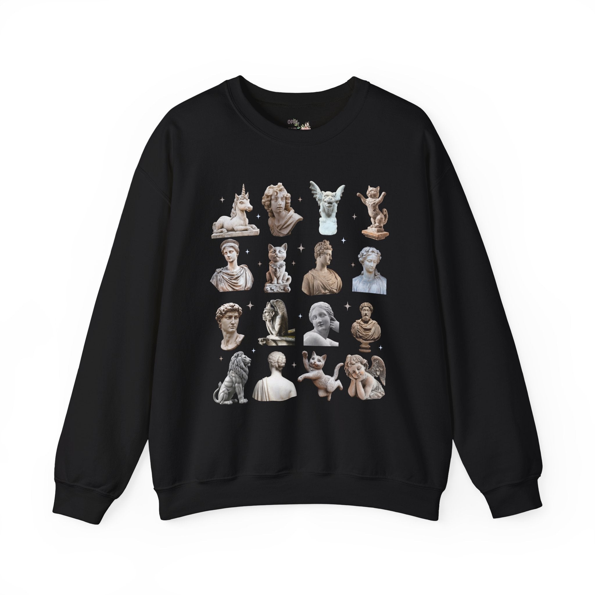 History Buff Humanities Teacher Sweatshirt: Classic Statues Mixed with Funny Cat and Unicorn Statues, Goblincore Animal Lover Bookish Crewneck - Opal and June