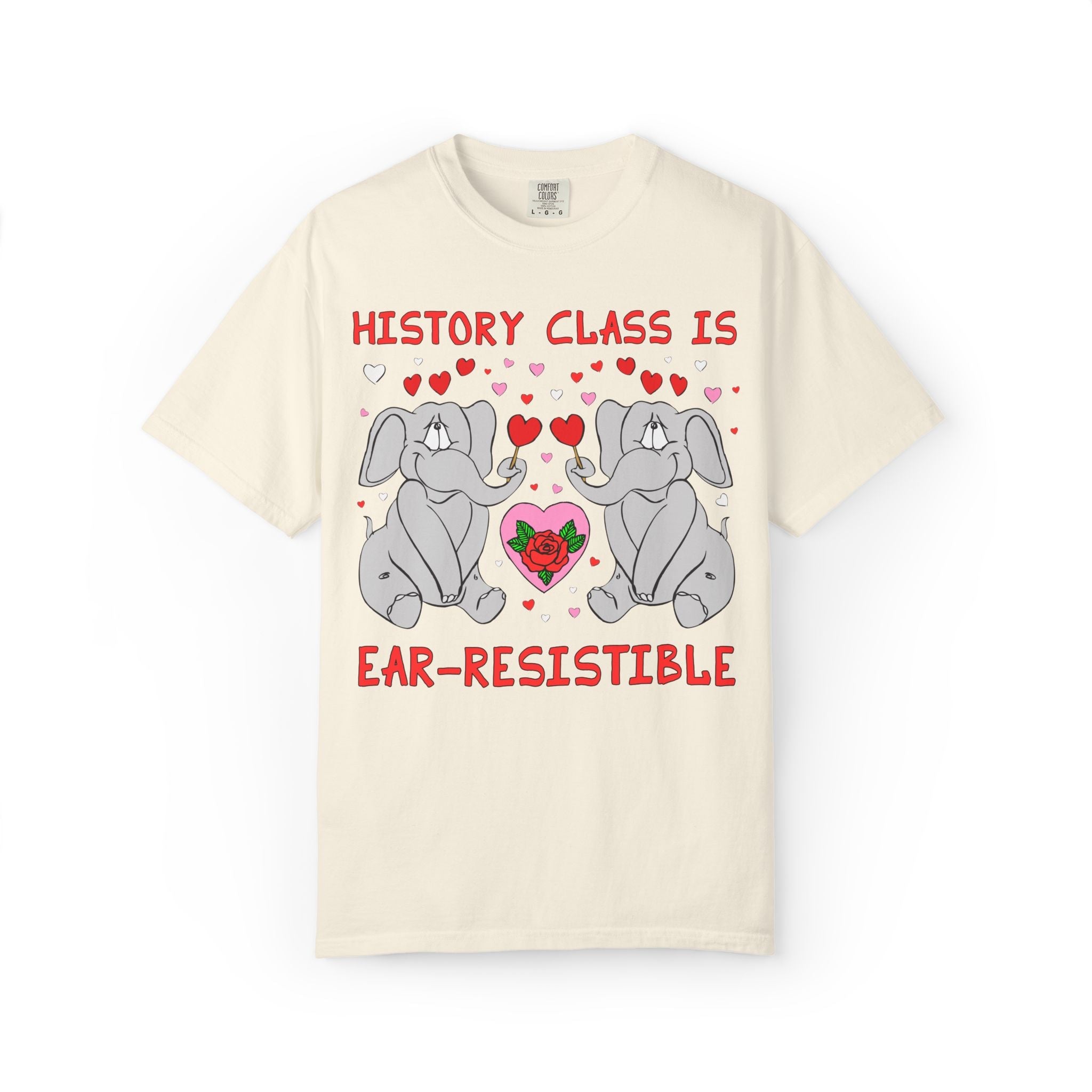 History Class is Ear-Resistible! Valentine's Day Teacher Tee: Funny Animal Lover T-Shirt with Elephant and Hearts, Cute Matching Teacher Tee - Opal and June