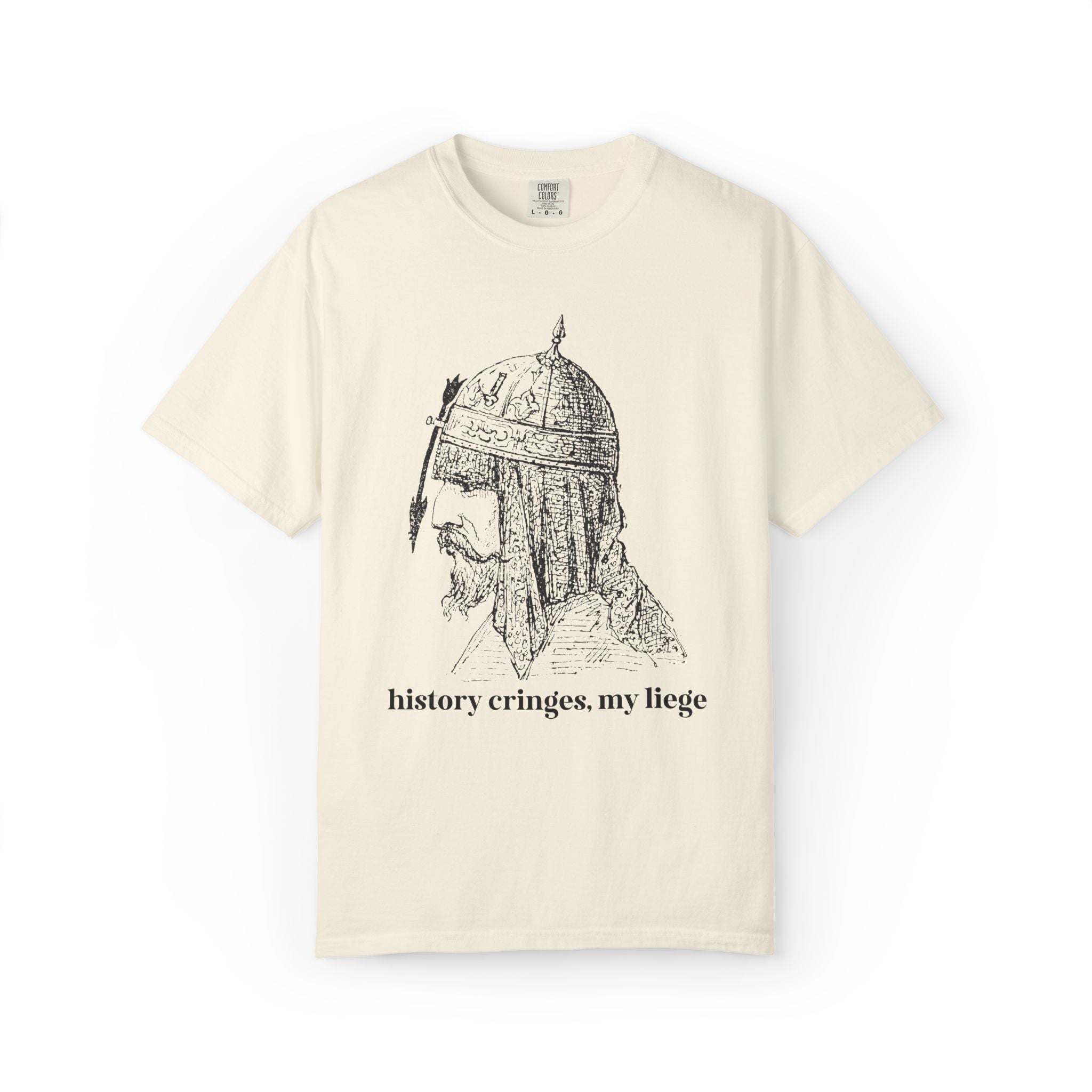 History Cringes My Liege: Funny Sarcastic History Teacher, History Buff T-Shirt with Medieval Knight in Armor, Silly Kitschy Tee for Leftist - Opal and June