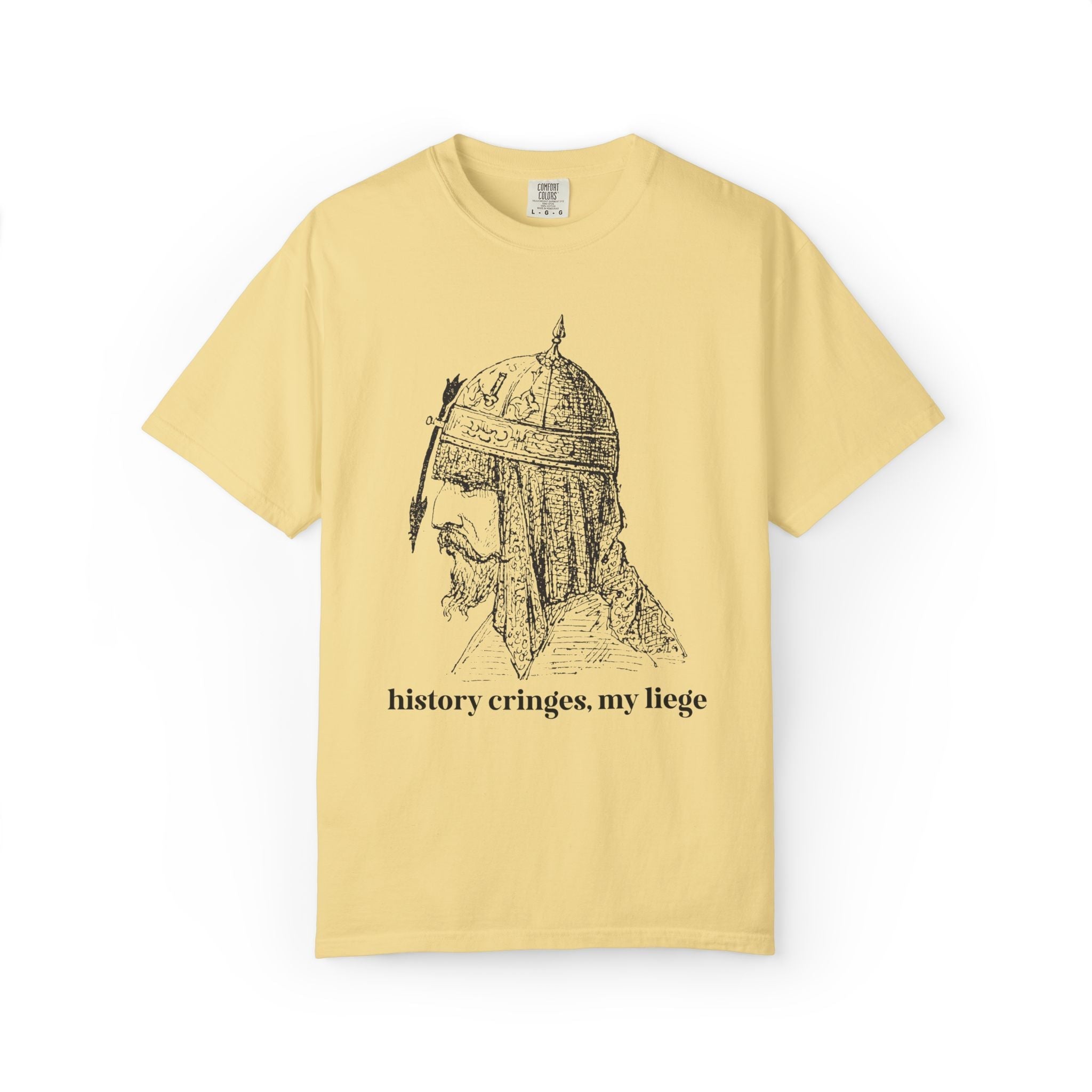History Cringes My Liege: Funny Sarcastic History Teacher, History Buff T-Shirt with Medieval Knight in Armor, Silly Kitschy Tee for Leftist - Opal and June