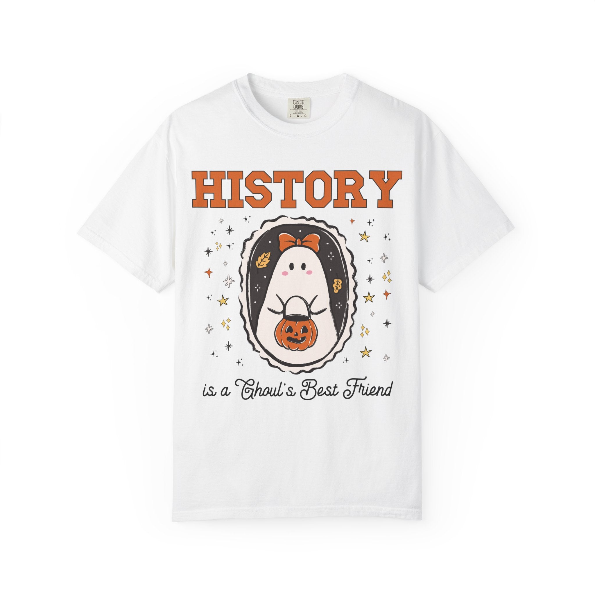 History Teacher Halloween Tee Shirt with Cute Ghost Wearing a Bow, Funny Saying History Buff T-Shirt with Stars, Womens History Lover Gift - Opal and June