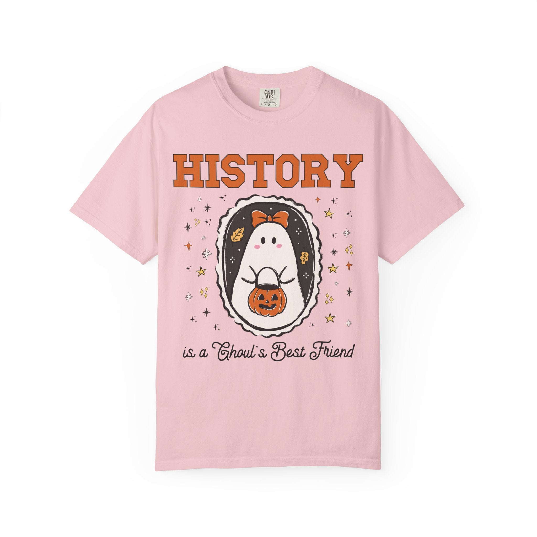 History Teacher Halloween Tee Shirt with Cute Ghost Wearing a Bow, Funny Saying History Buff T-Shirt with Stars, Womens History Lover Gift - Opal and June