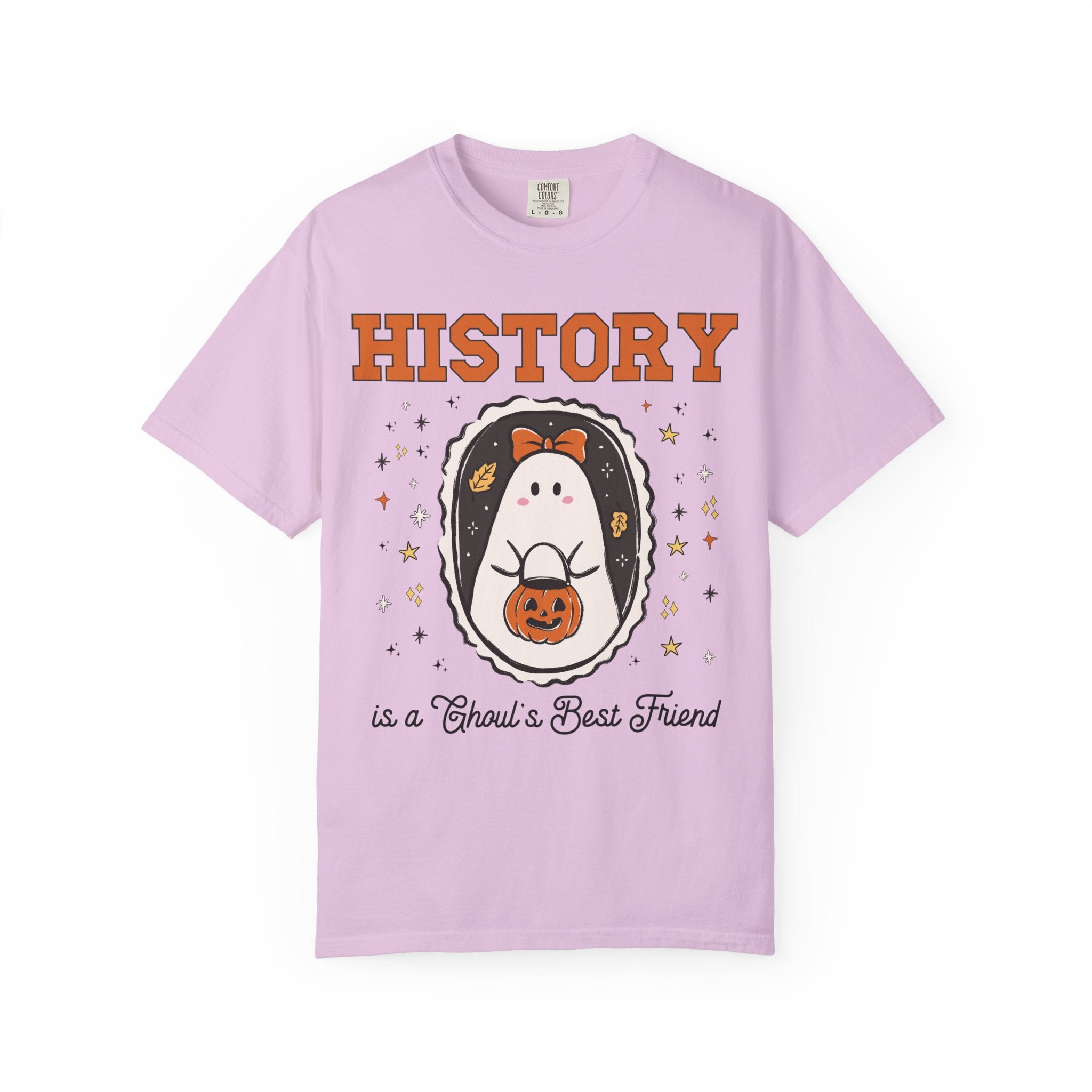 History Teacher Halloween Tee Shirt with Cute Ghost Wearing a Bow, Funny Saying History Buff T-Shirt with Stars, Womens History Lover Gift - Opal and June