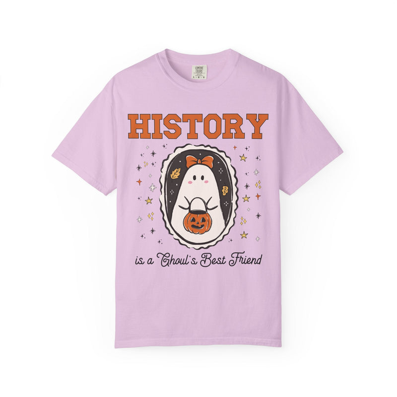 History Teacher Halloween Tee Shirt with Cute Ghost Wearing a Bow, Funny Saying History Buff T-Shirt with Stars, Womens History Lover Gift - Opal and June