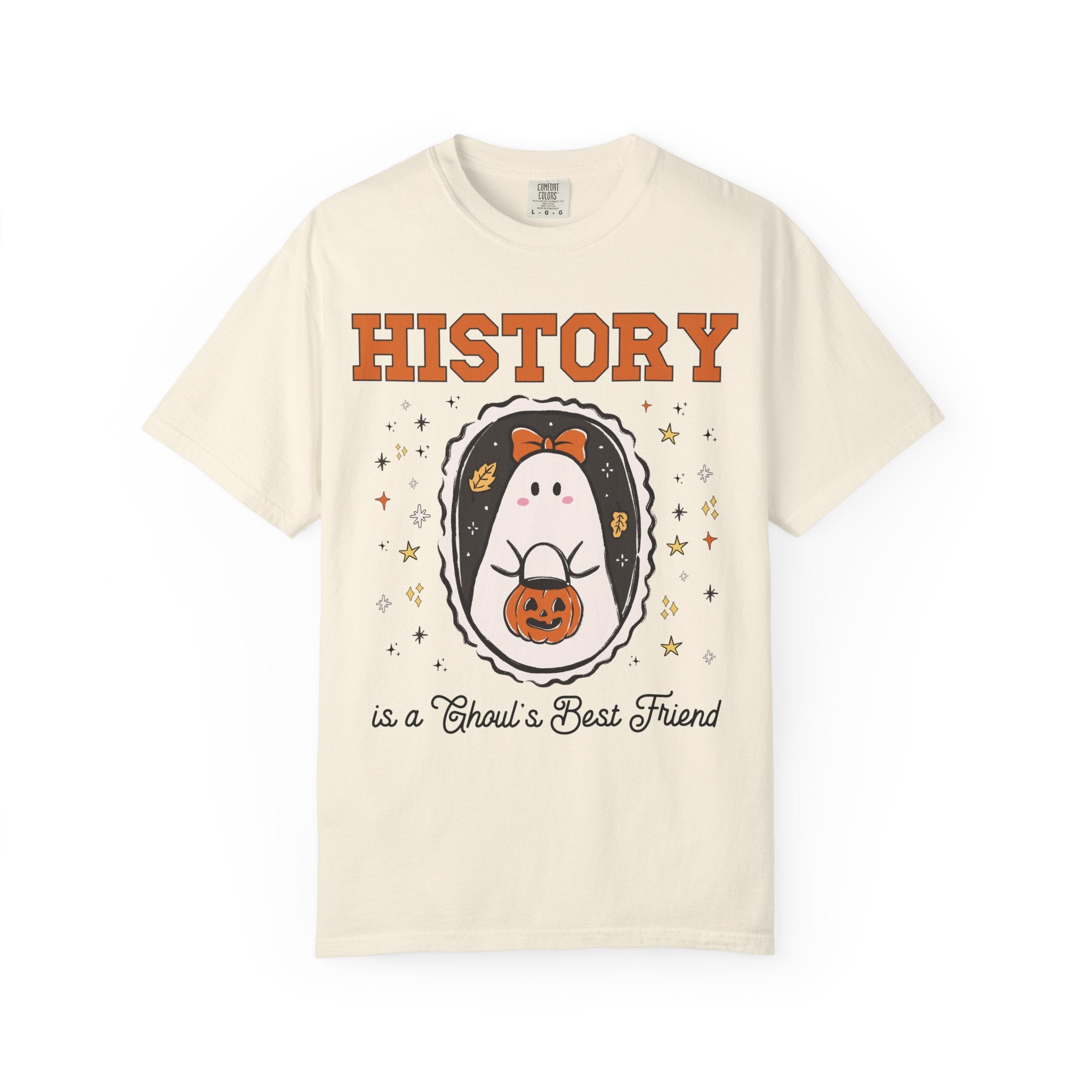 History Teacher Halloween Tee Shirt with Cute Ghost Wearing a Bow, Funny Saying History Buff T-Shirt with Stars, Womens History Lover Gift - Opal and June
