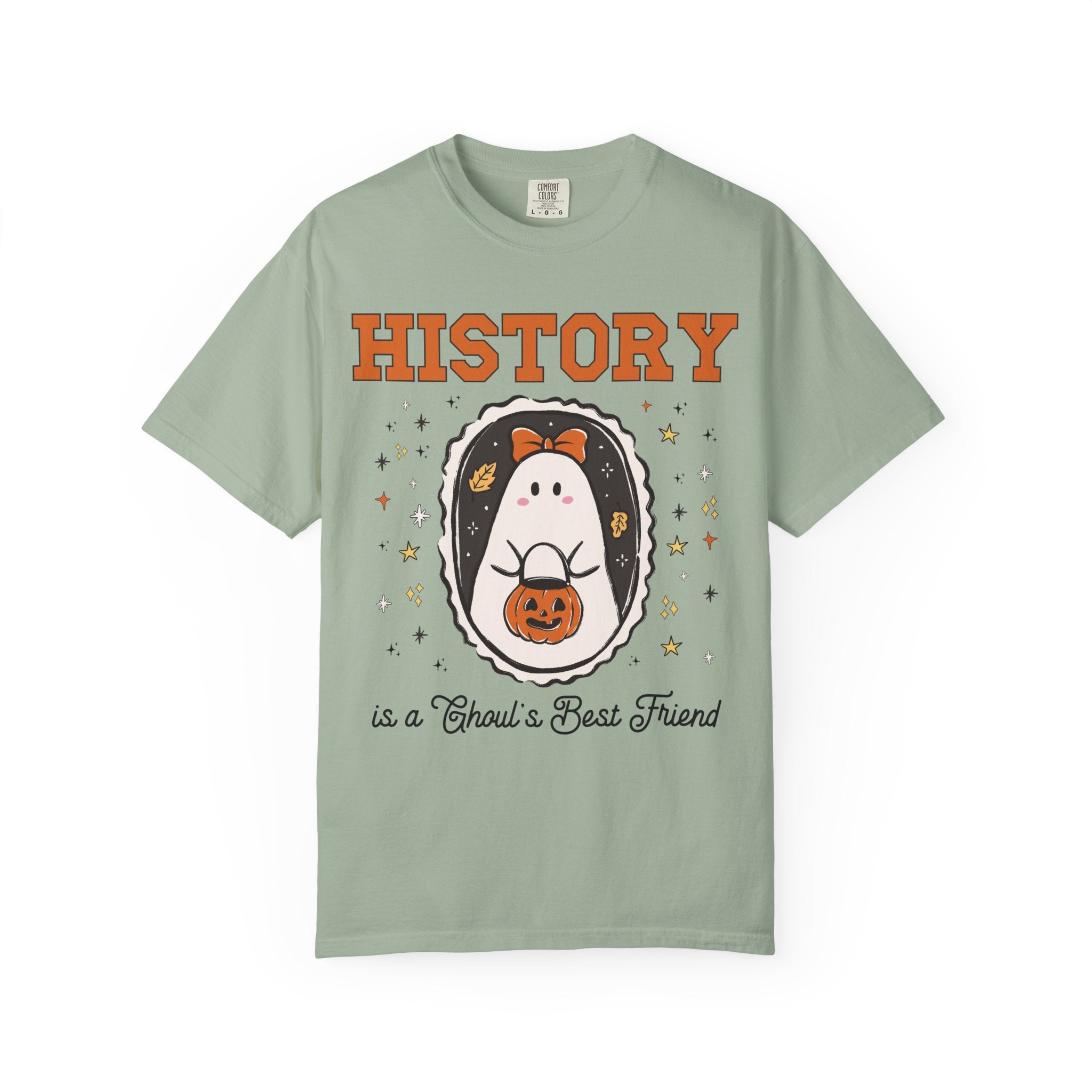 History Teacher Halloween Tee Shirt with Cute Ghost Wearing a Bow, Funny Saying History Buff T-Shirt with Stars, Womens History Lover Gift - Opal and June