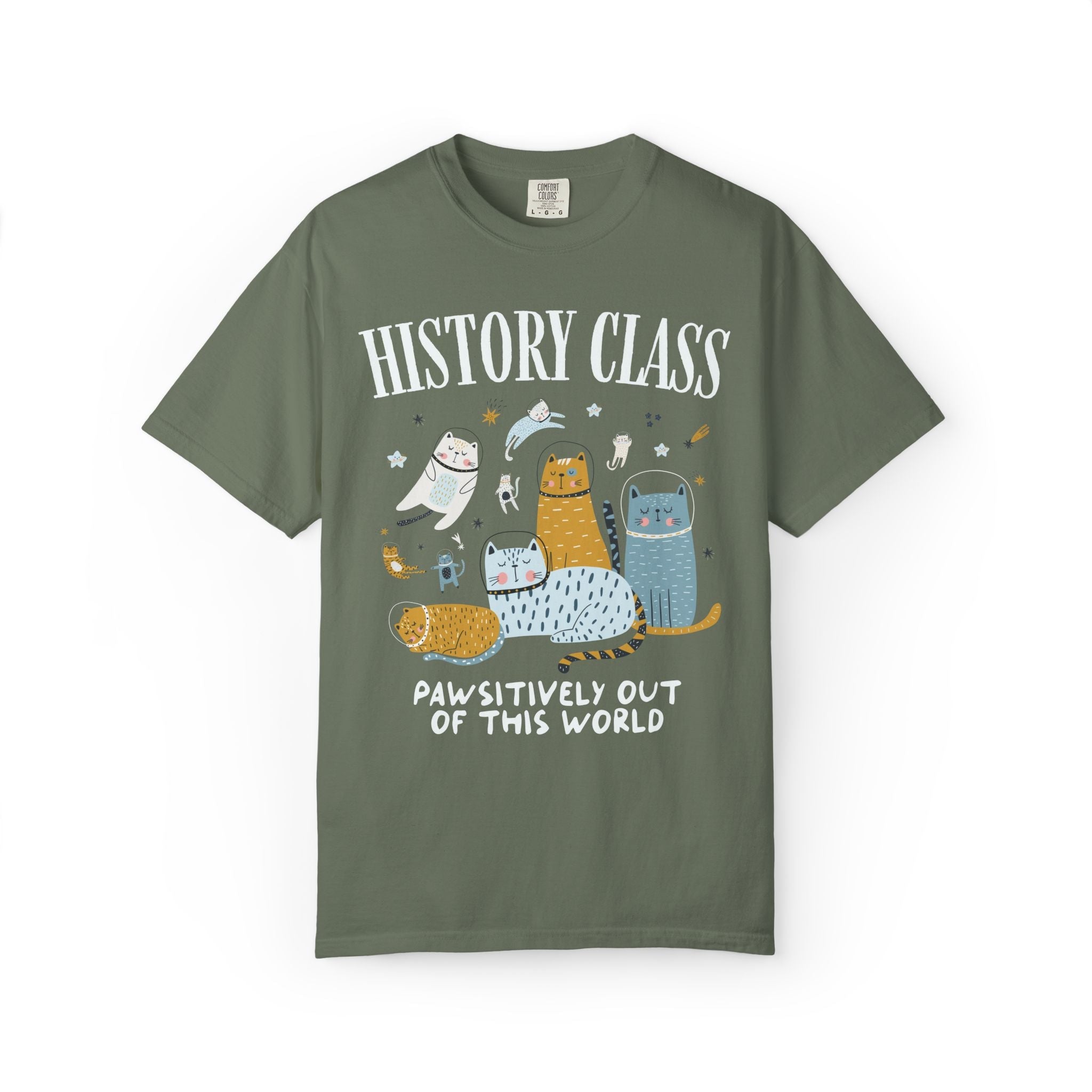 History Teacher Space Cat Tee Shirt with Astronaut Kittens and Stars: Pawsitively Out of This World Teacher Team T-Shirt for Cat Lover - Opal and June