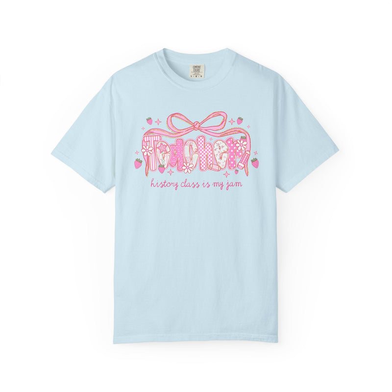History Teacher Tee Shirt for History Department Squad or Crew, Floral Boho Strawberry T-Shirt with Messy Coquette Bow, Fruit Lover Teacher - Opal and June