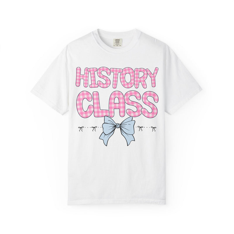 History Teacher Tee Shirt with Pink Gingham Letters, First Day of School, Back to School Matching Teacher Tee with Bow, Soft Girl Style - Opal and June